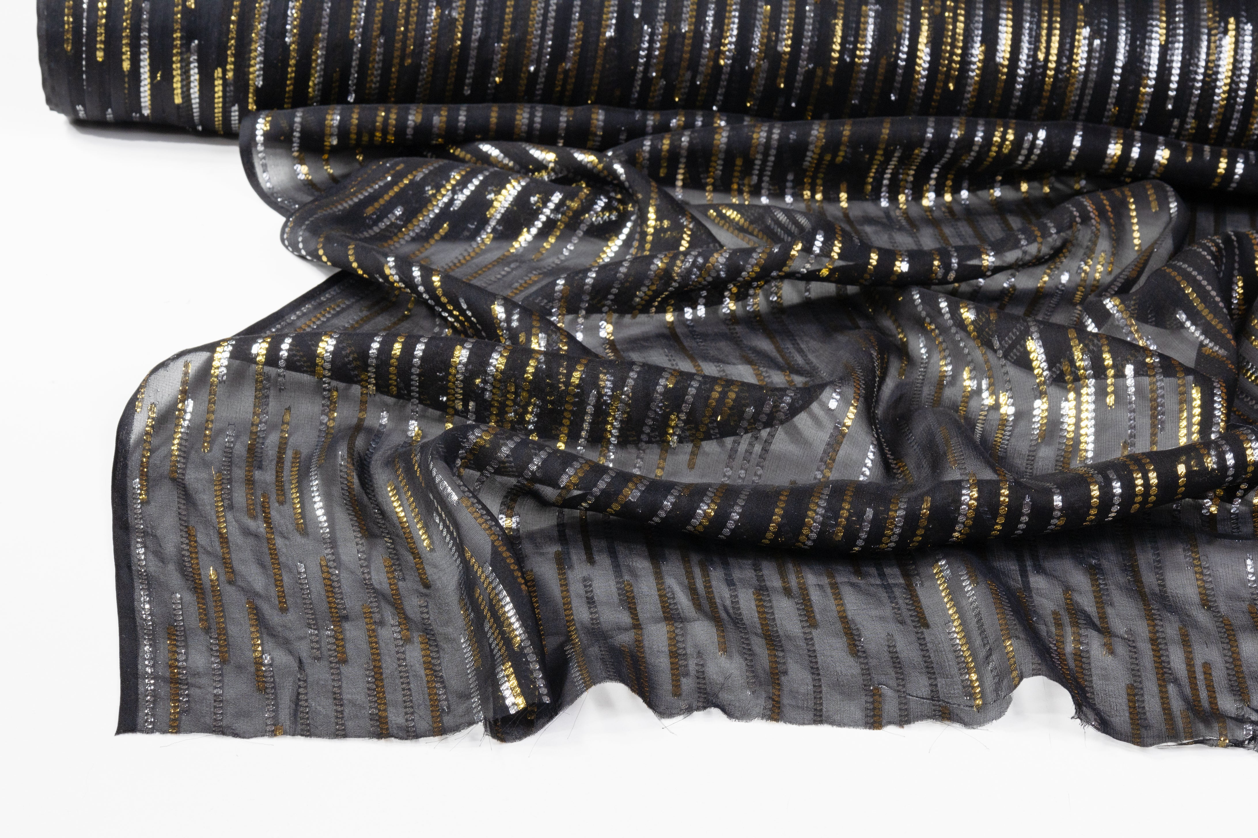 Metallic Italian Silk Chiffon Fil Coupé - Black / Gold / Silver