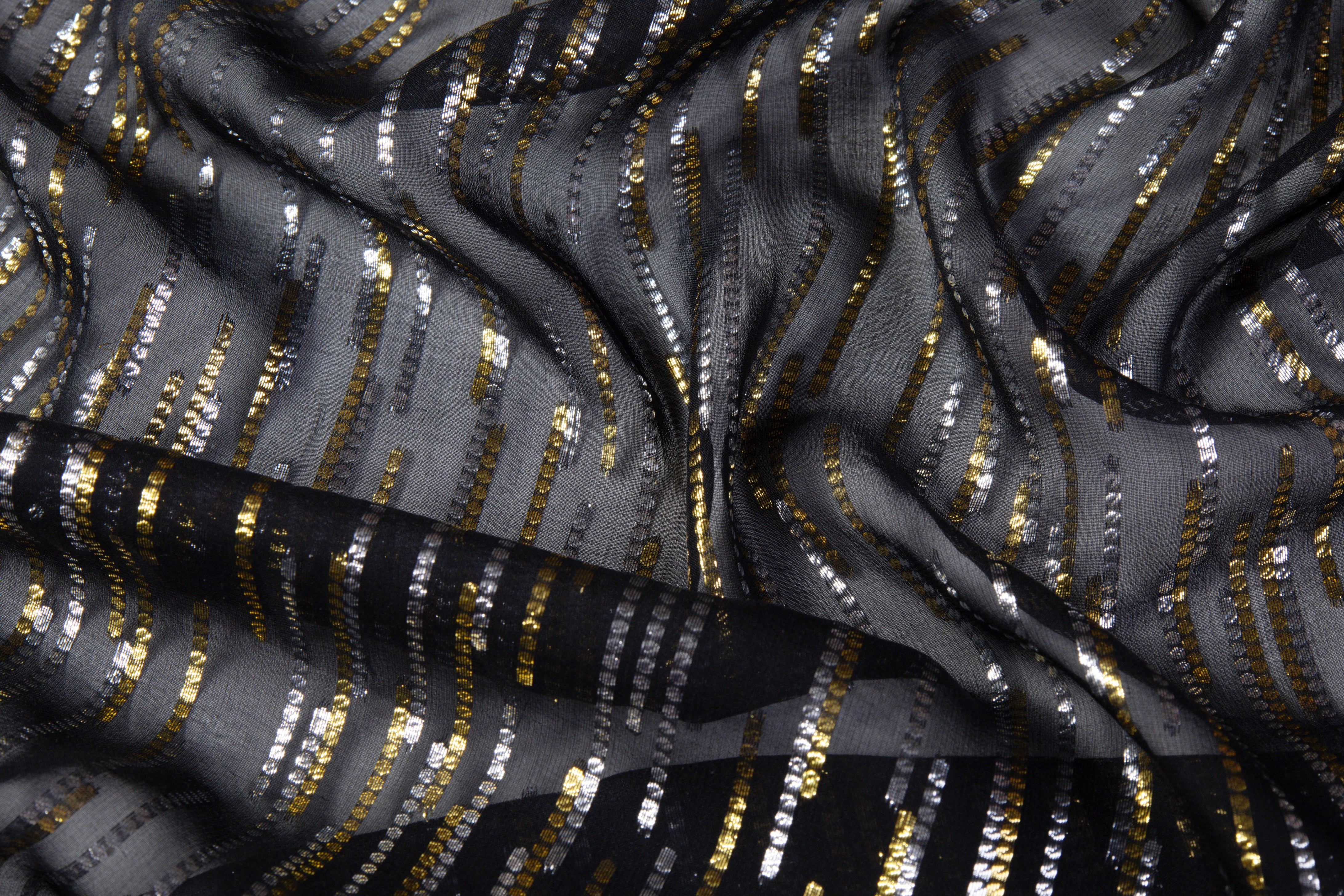 Metallic Italian Silk Chiffon Fil Coupé - Black / Gold / Silver