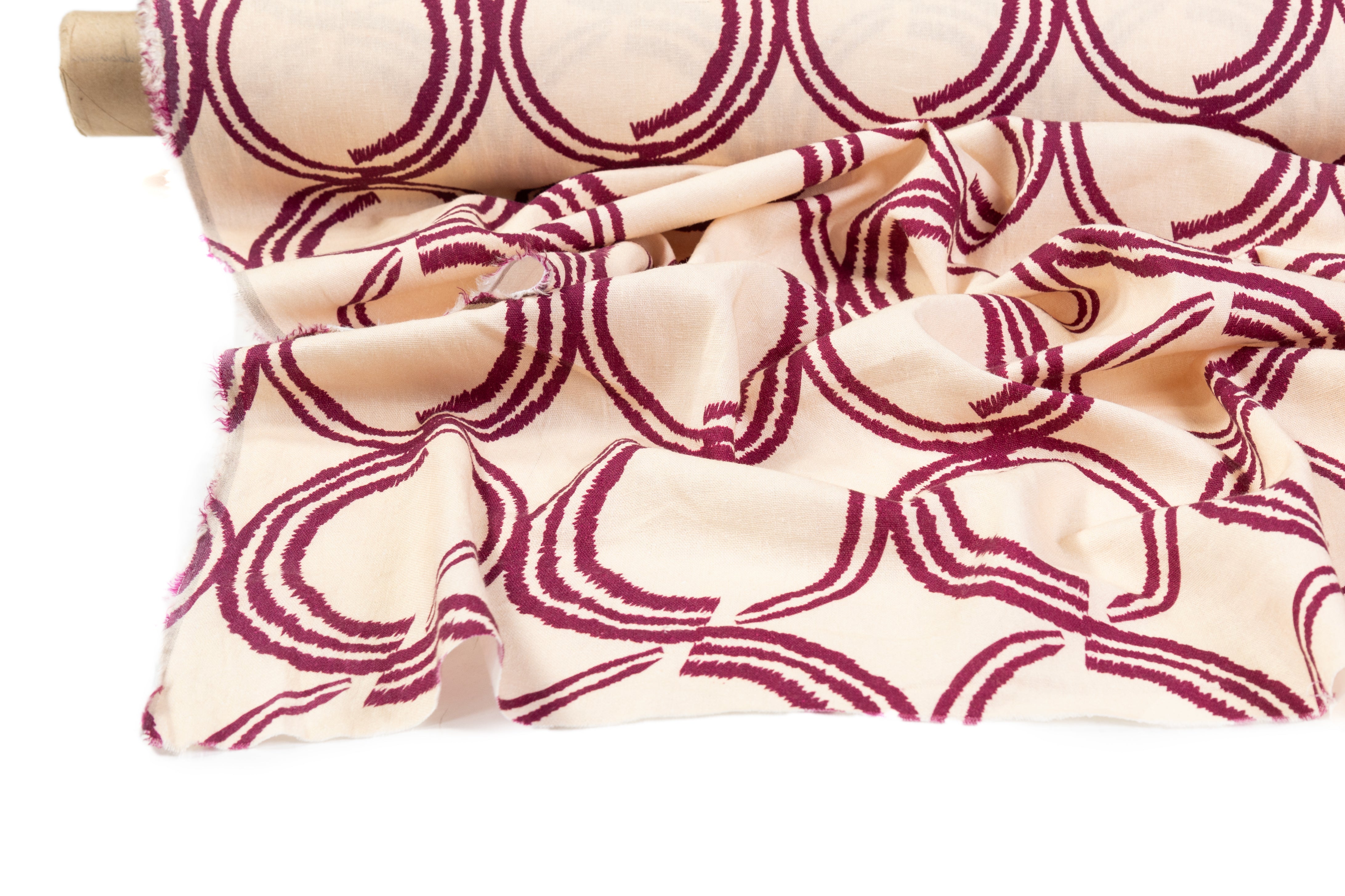Geometric Printed Italian Linen Viscose Blend - Beige / Burgundy