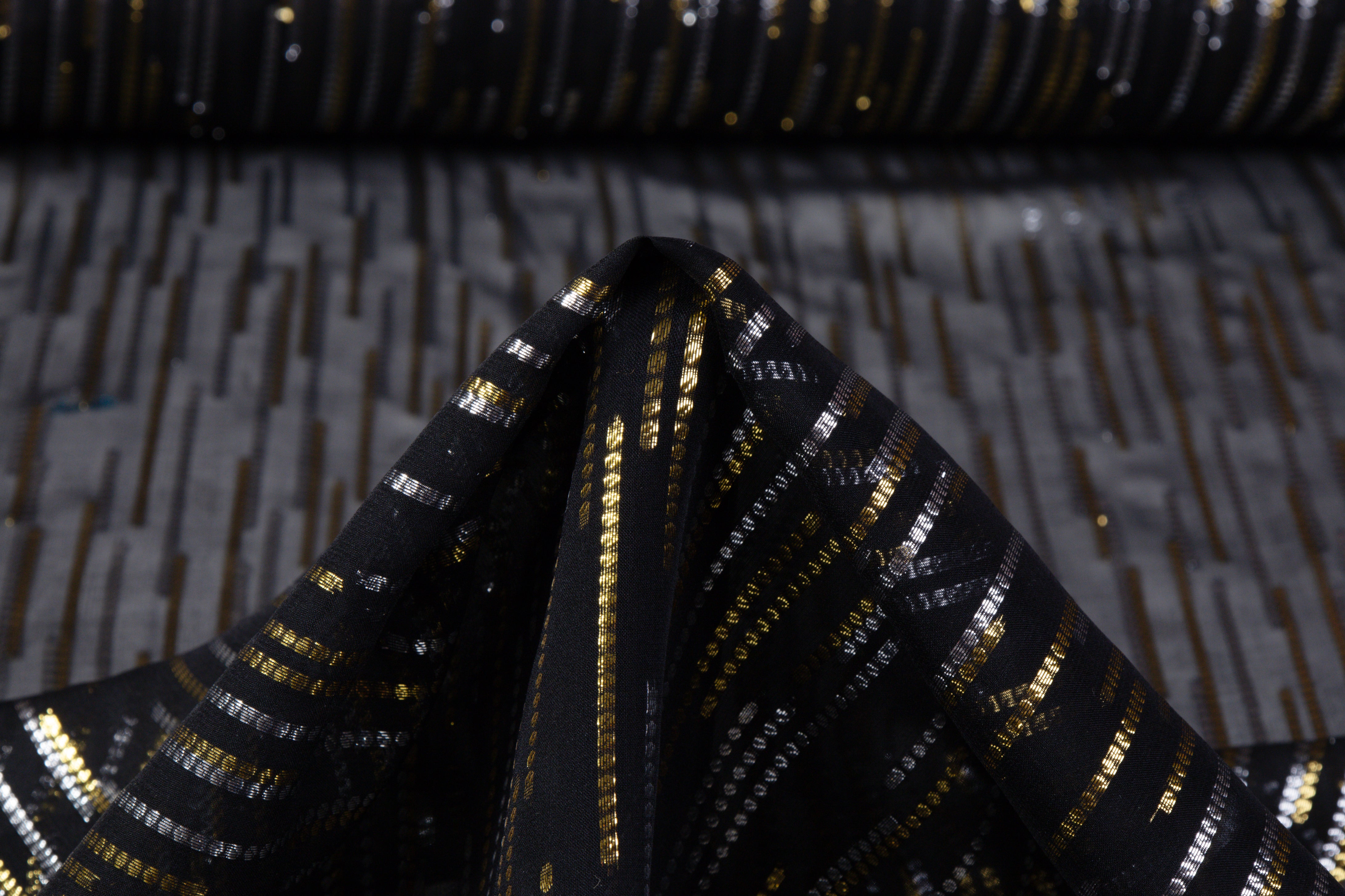 Metallic Italian Silk Chiffon Fil Coupé - Black / Gold / Silver