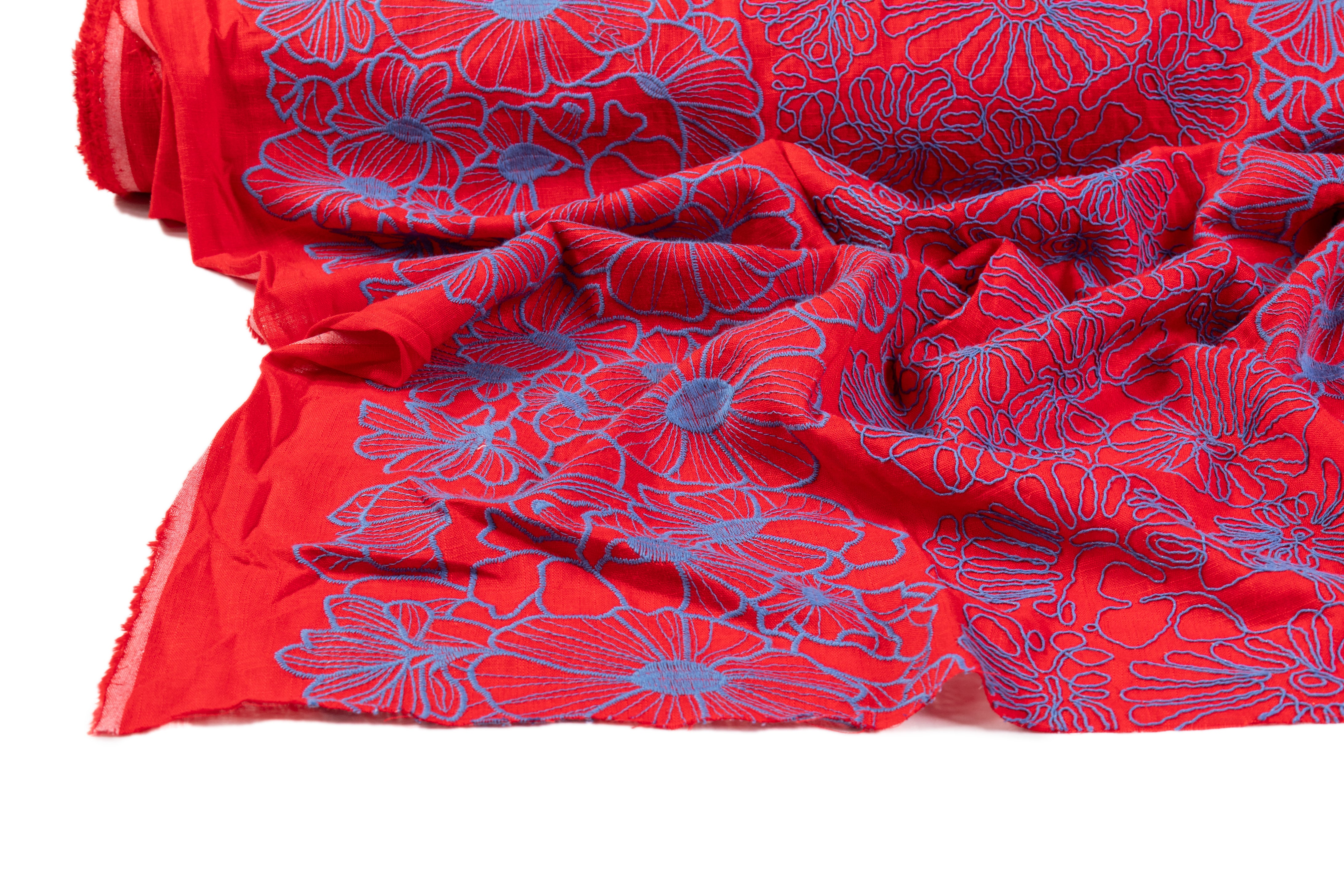 Floral Embroidered Linen - Red / Dark Blue