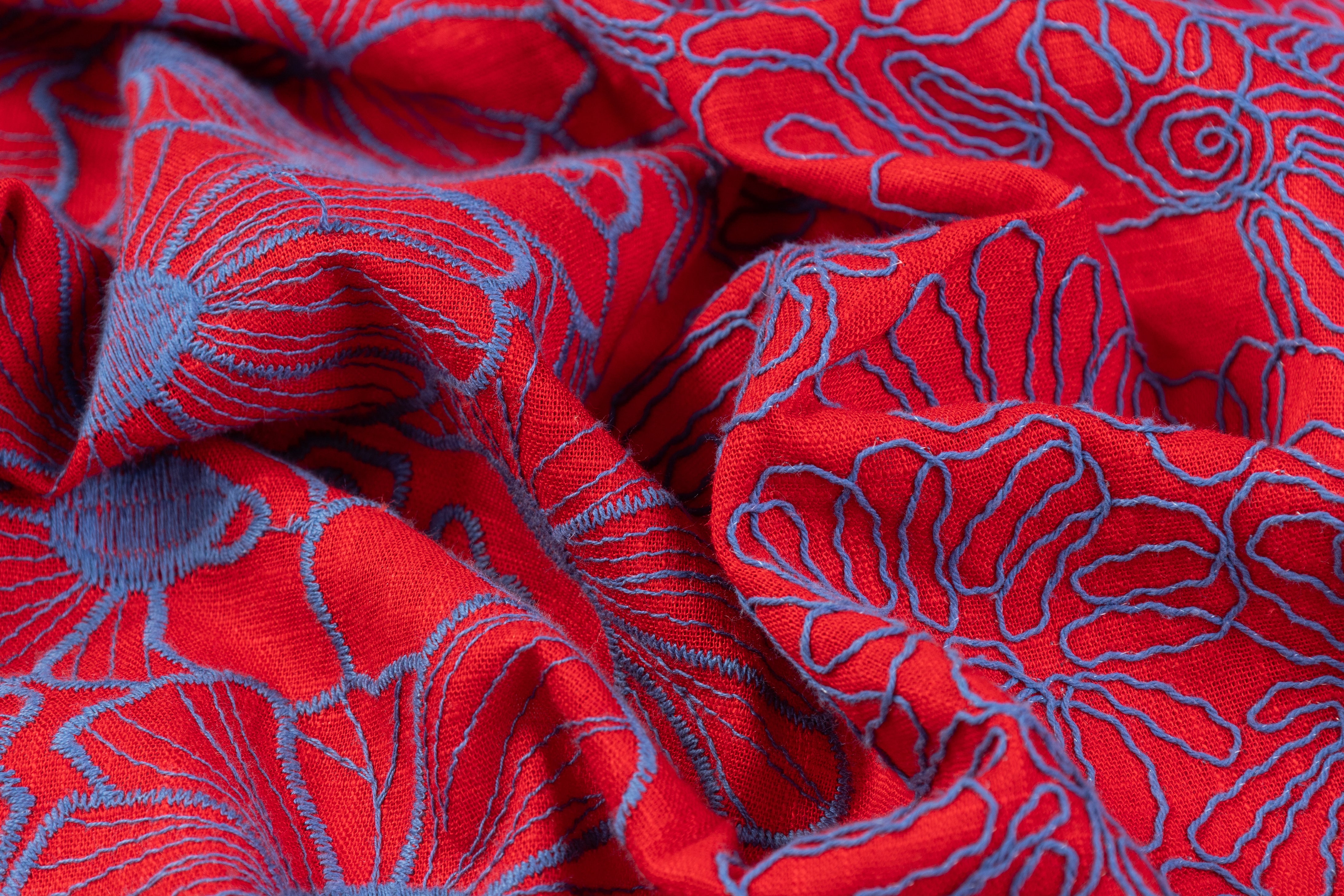Floral Embroidered Linen - Red / Dark Blue
