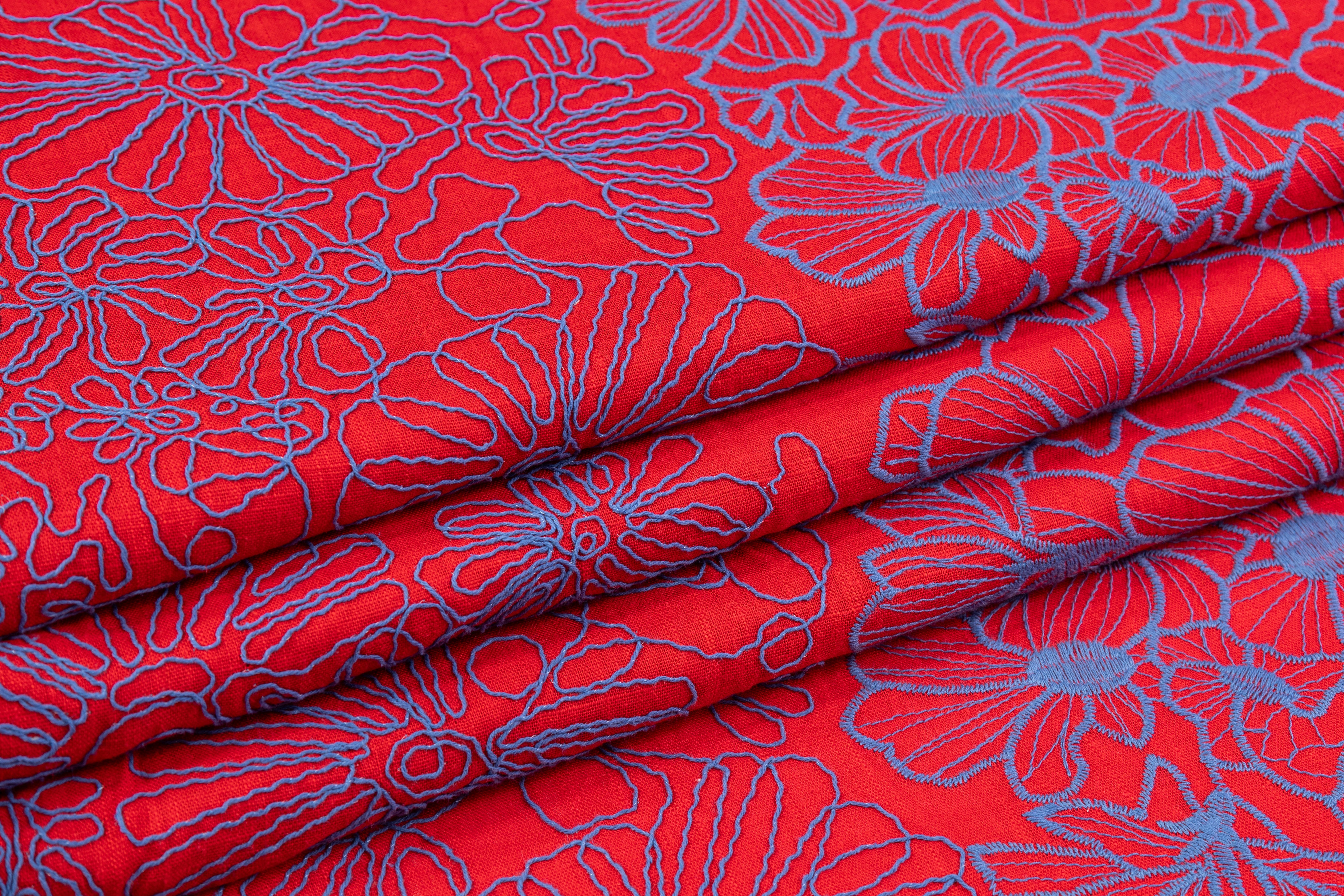 Floral Embroidered Linen - Red / Dark Blue