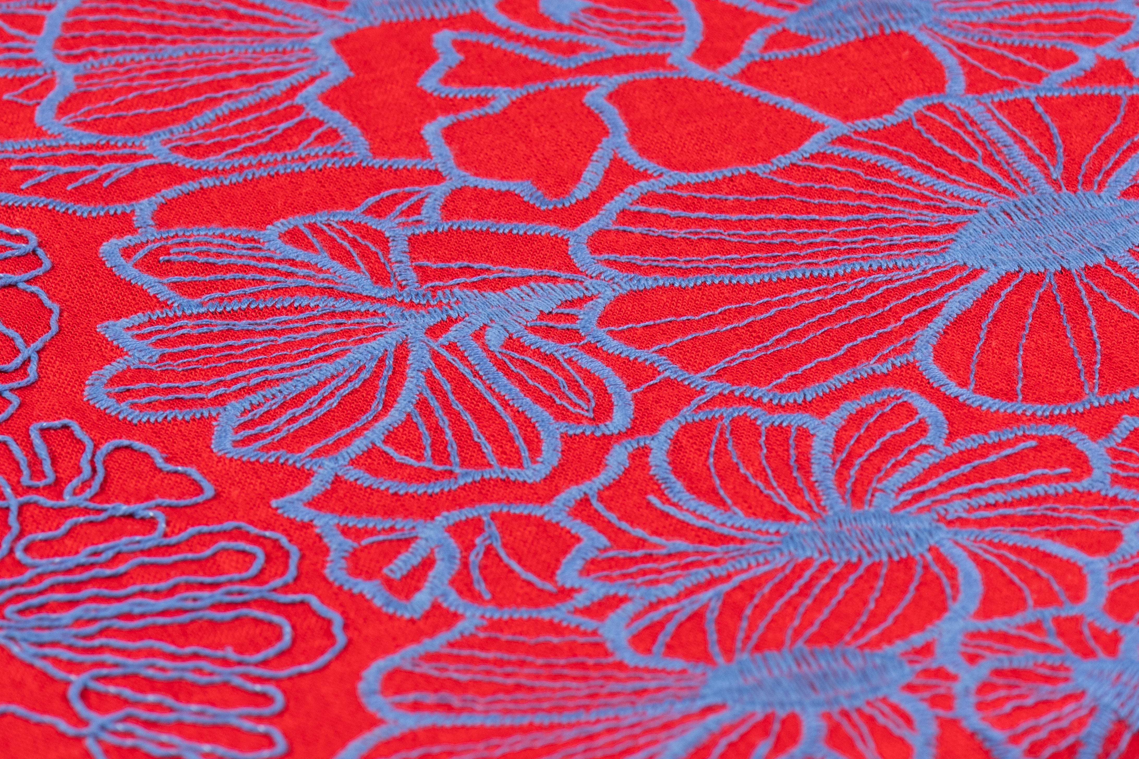 Floral Embroidered Linen - Red / Dark Blue