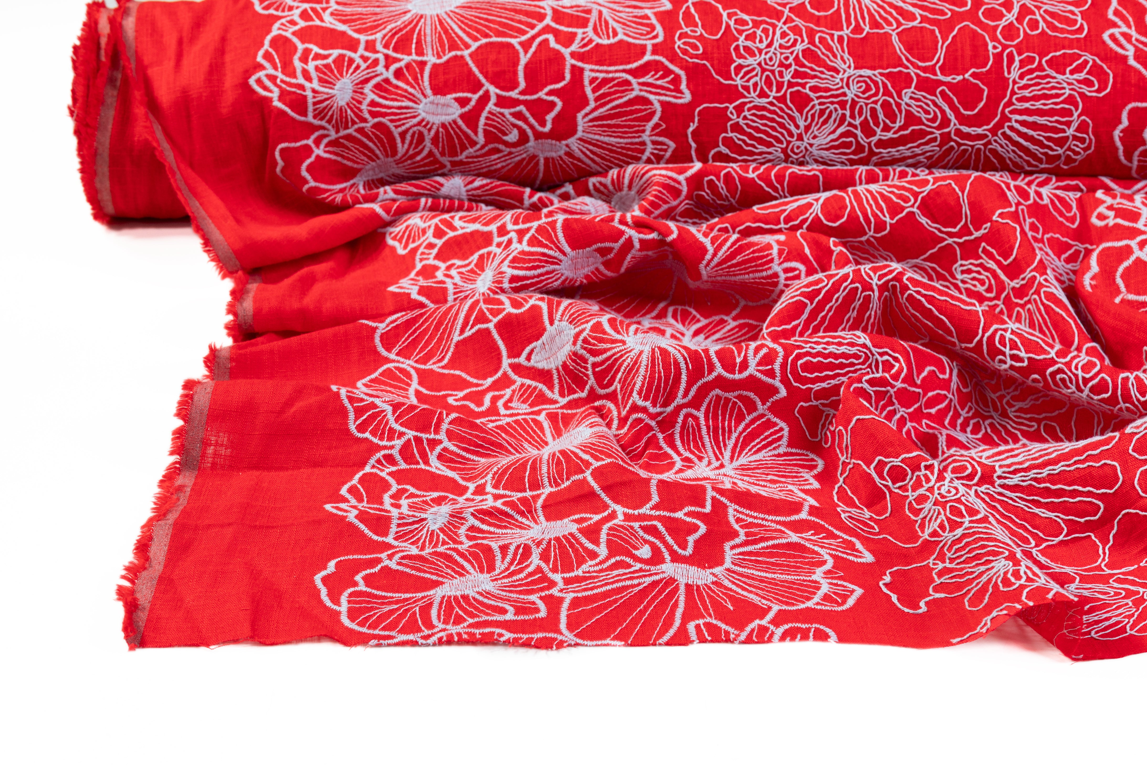 Floral Embroidered Linen - Red / Sky Blue