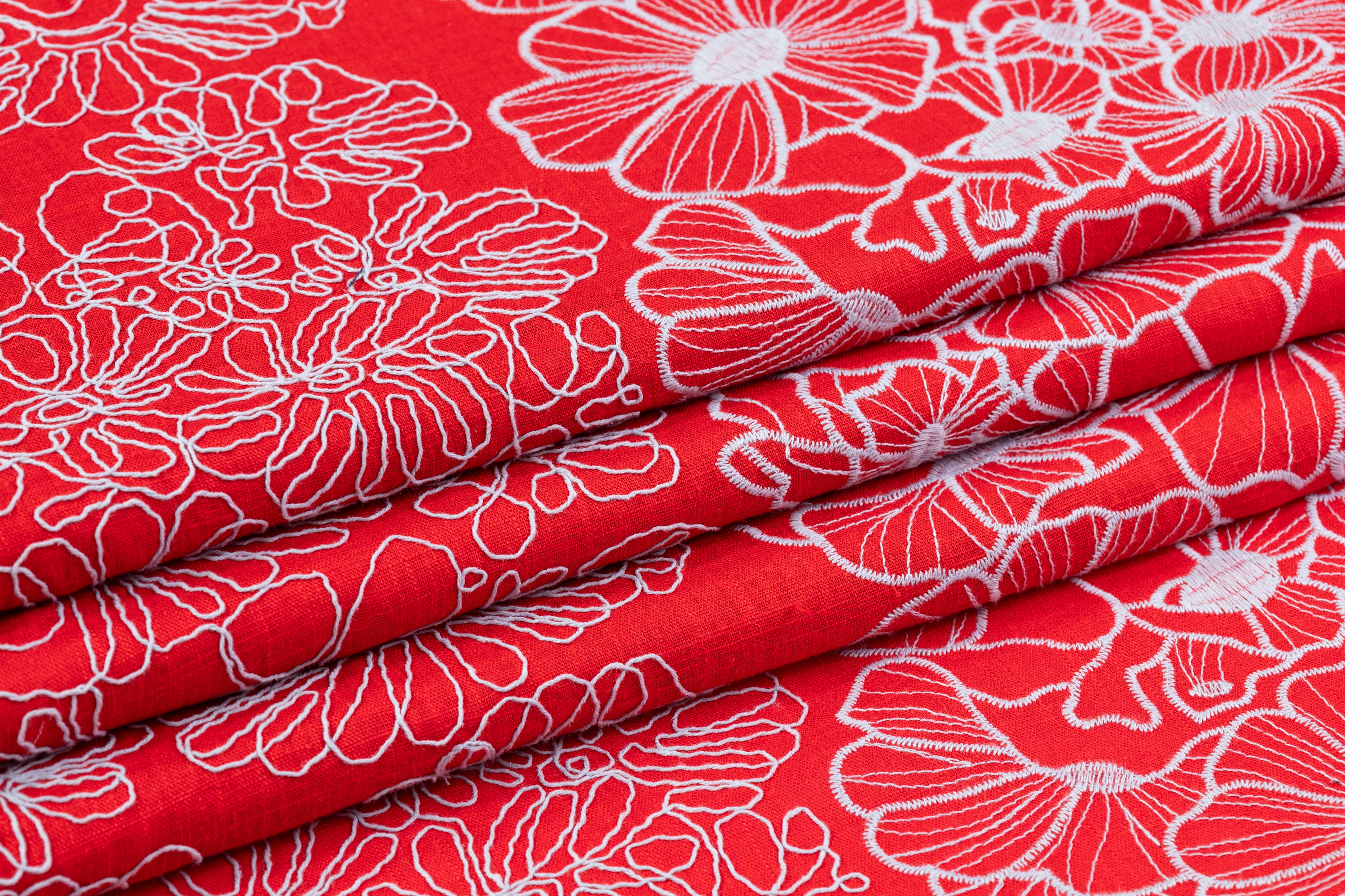 Floral Embroidered Linen - Red / Sky Blue