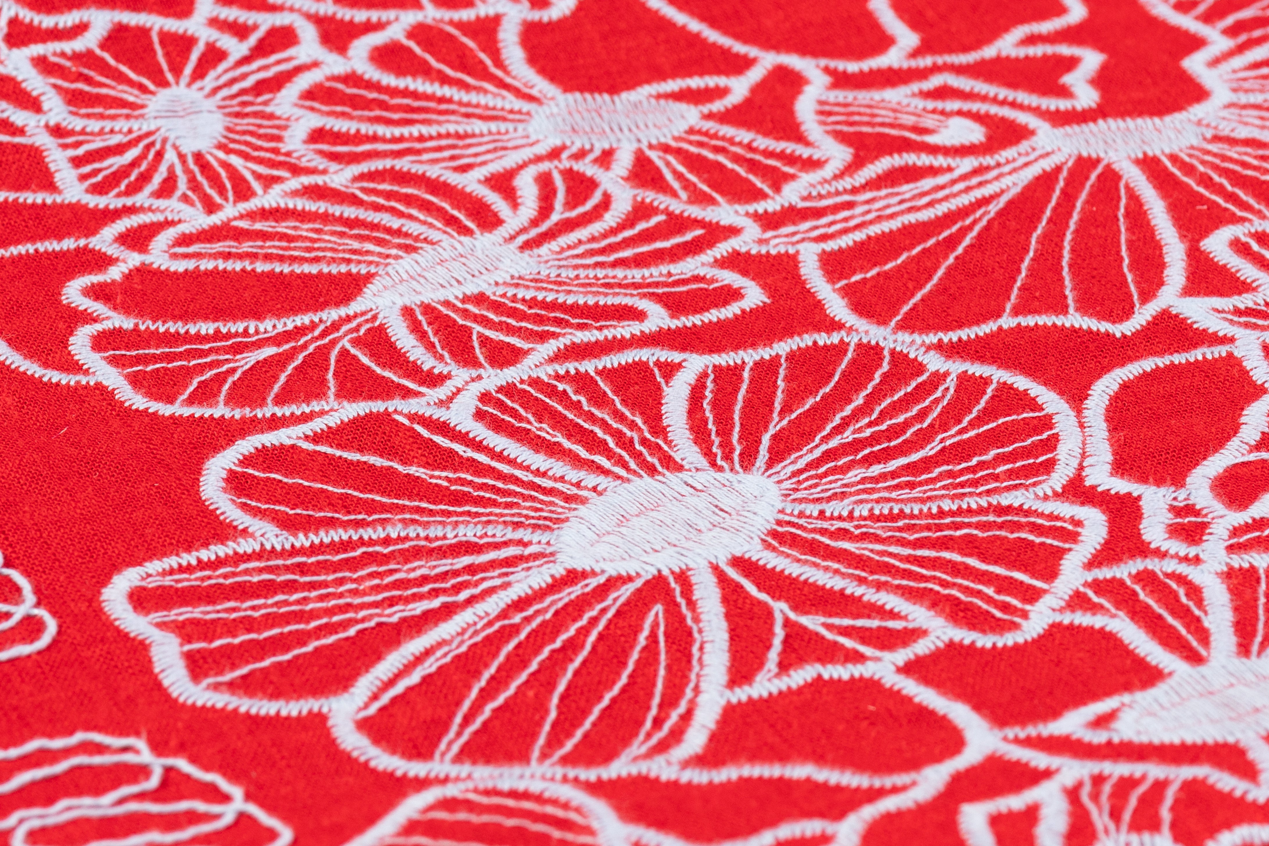 Floral Embroidered Linen - Red / Sky Blue