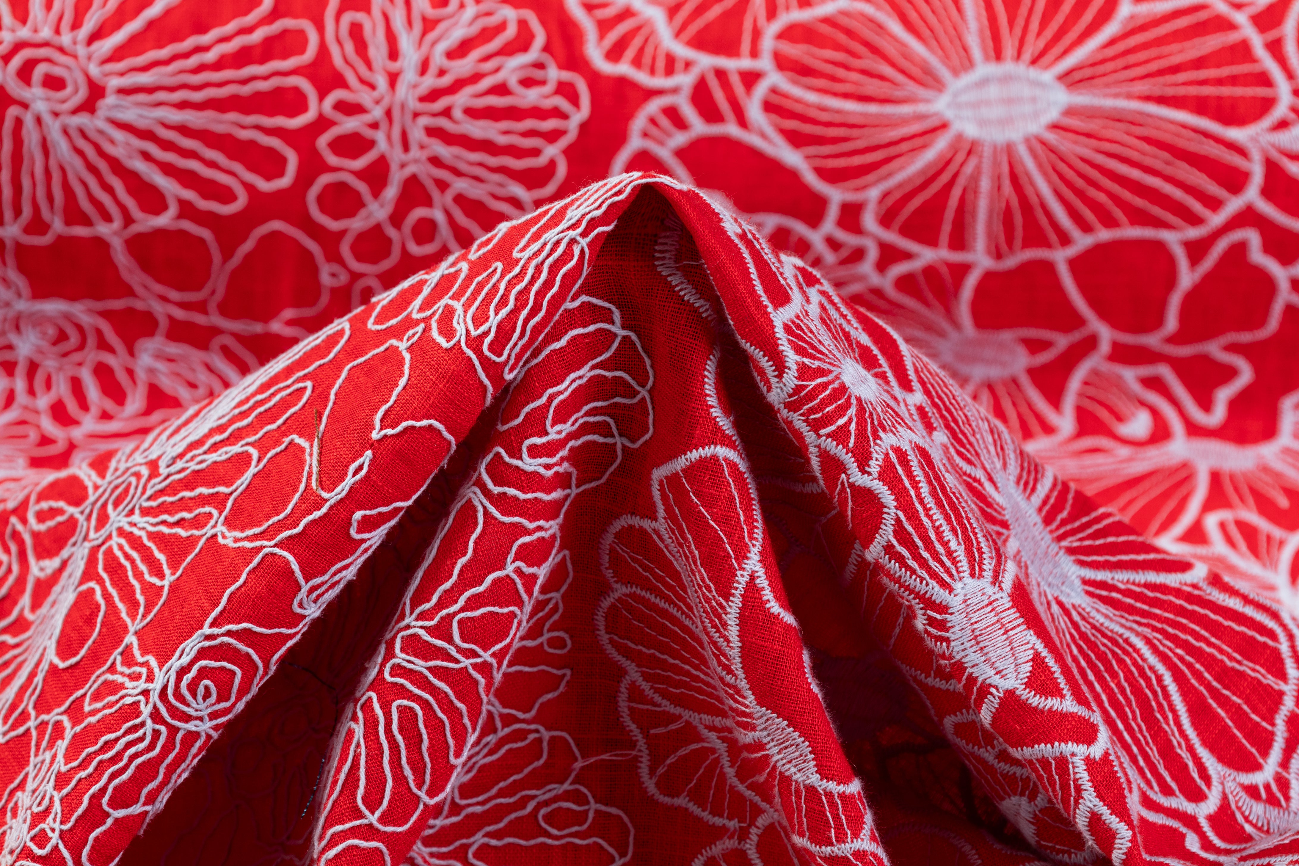 Floral Embroidered Linen - Red / Sky Blue