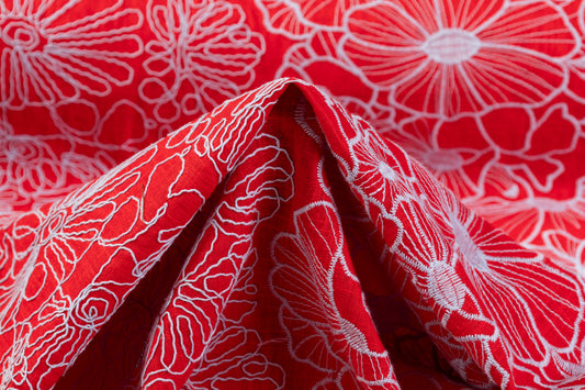 Floral Embroidered Linen - Red / Sky Blue