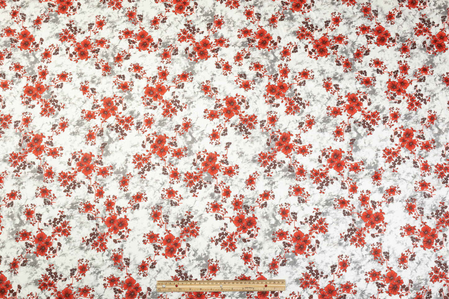 Floral Tie Dye Cotton Print - Red, White, Gray