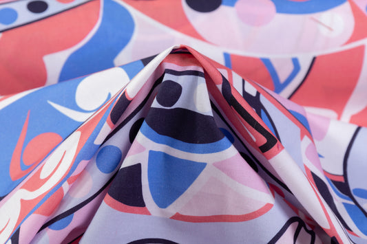 Abstract Italian Cotton - White / Blue / Pink