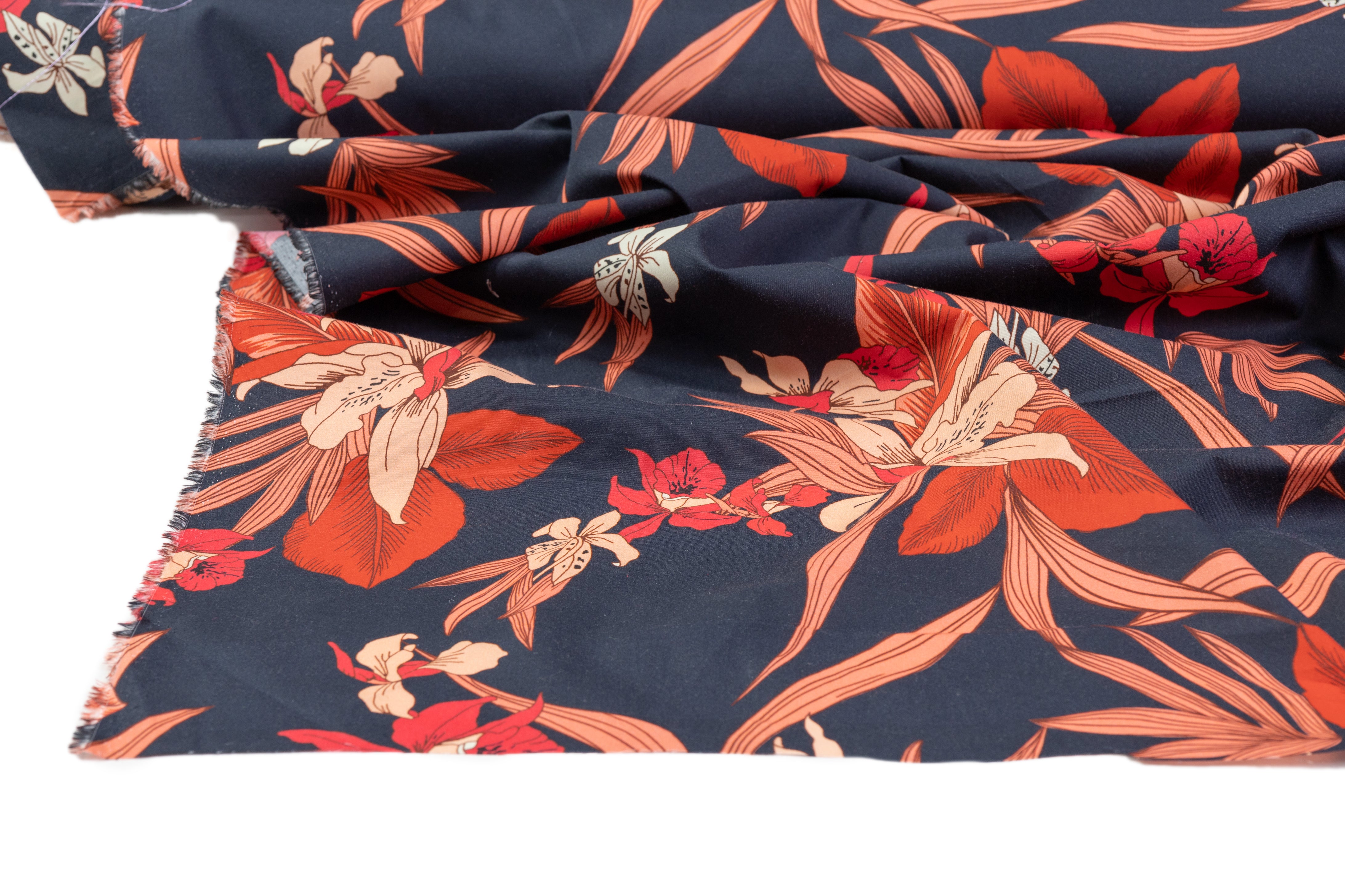 Floral Italian Cotton - Navy / Peach / Red