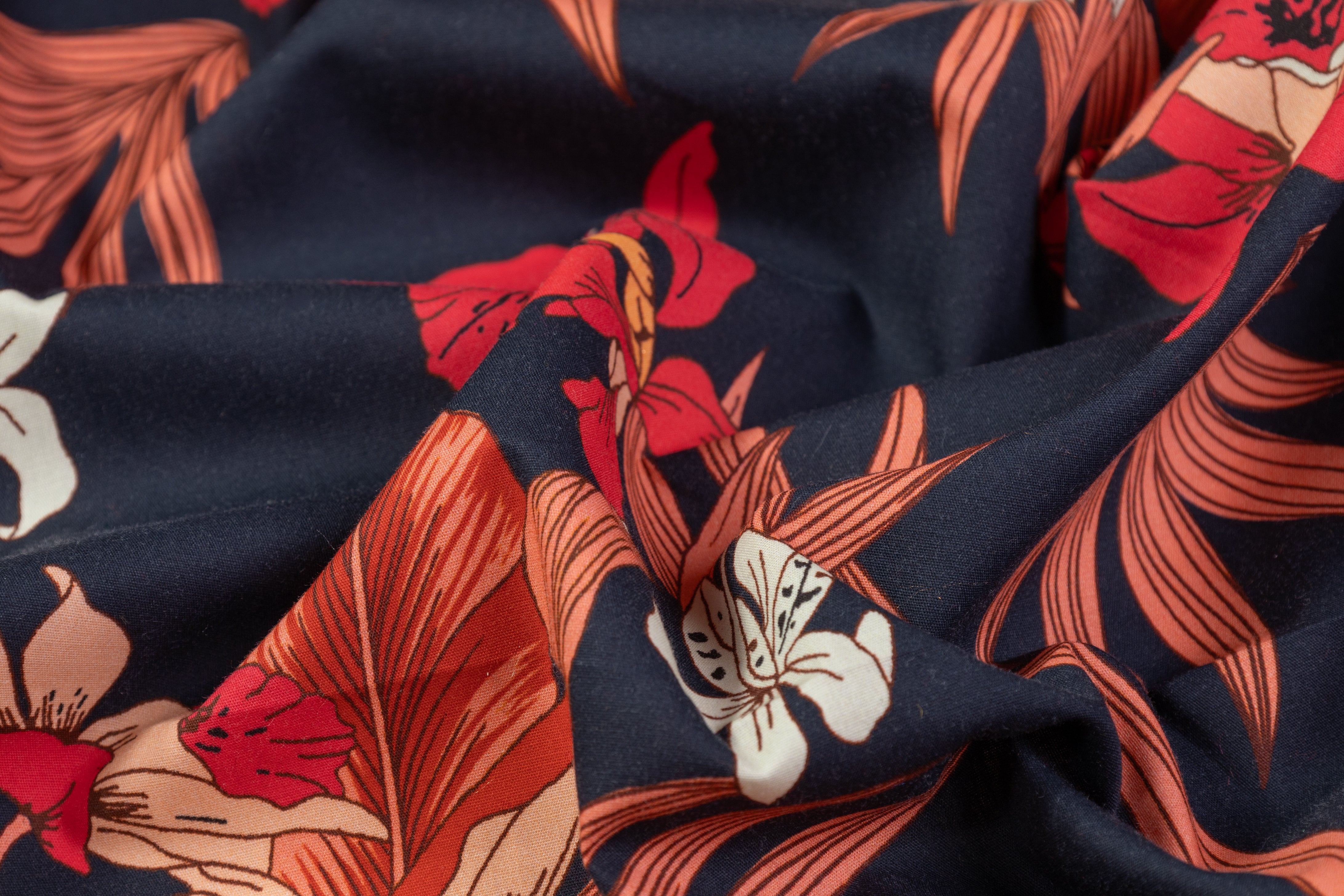 Floral Italian Cotton - Navy / Peach / Red