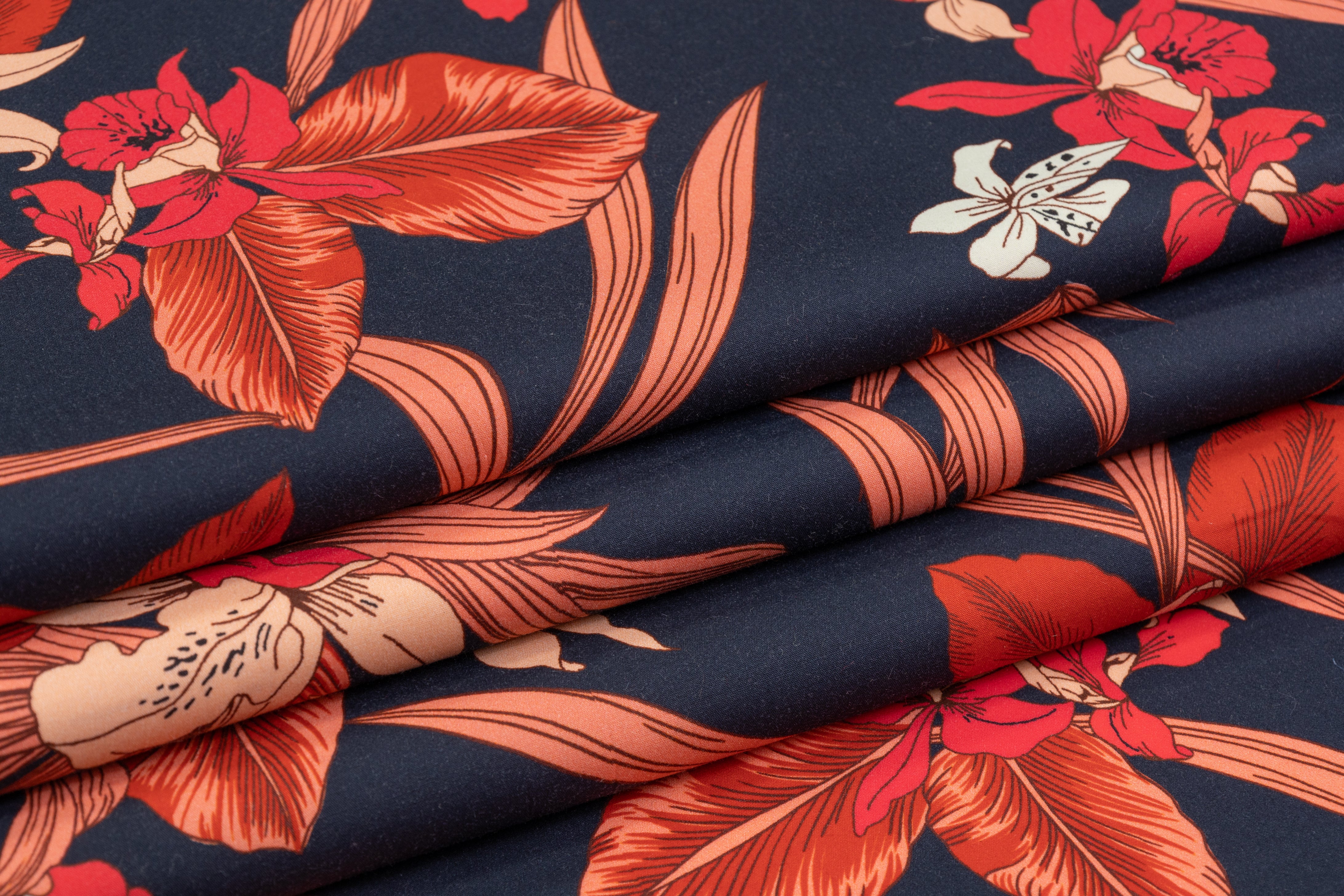 Floral Italian Cotton - Navy / Peach / Red
