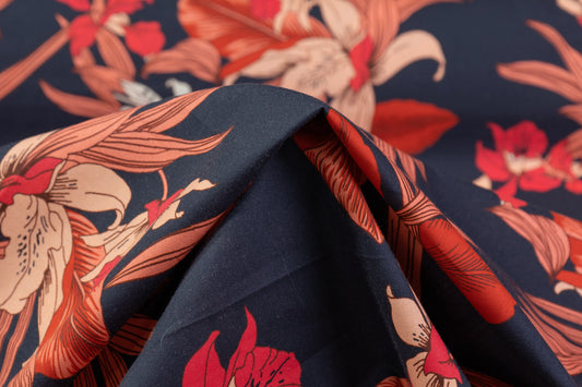 Floral Italian Cotton - Navy / Peach / Red