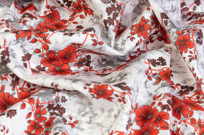 Floral Tie Dye Cotton Print - Red, White, Gray