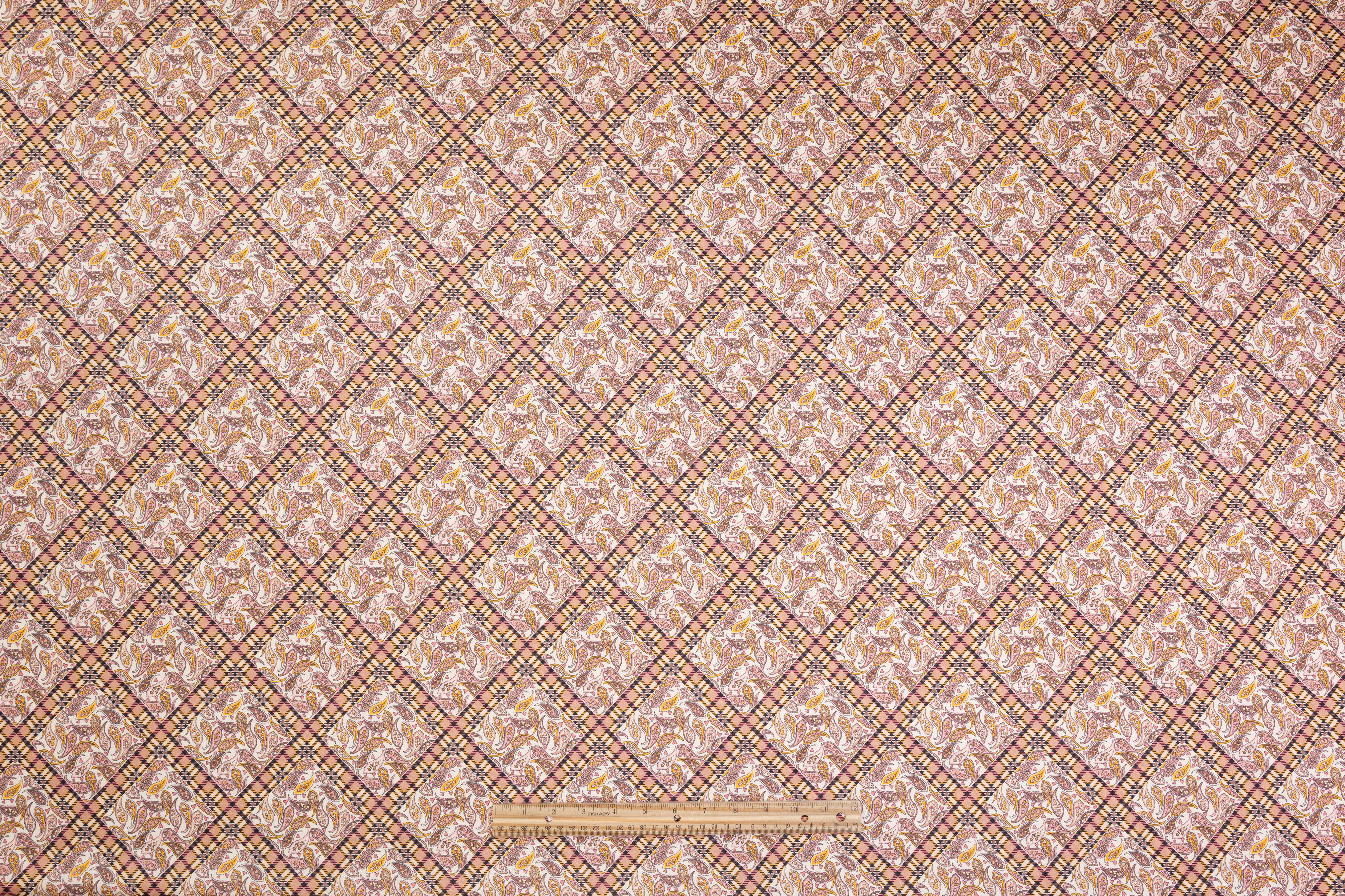 Luigi Verga - Paisley Plaid Printed Italian Silk and Wool Blend - Mauve / Amber / Ivory