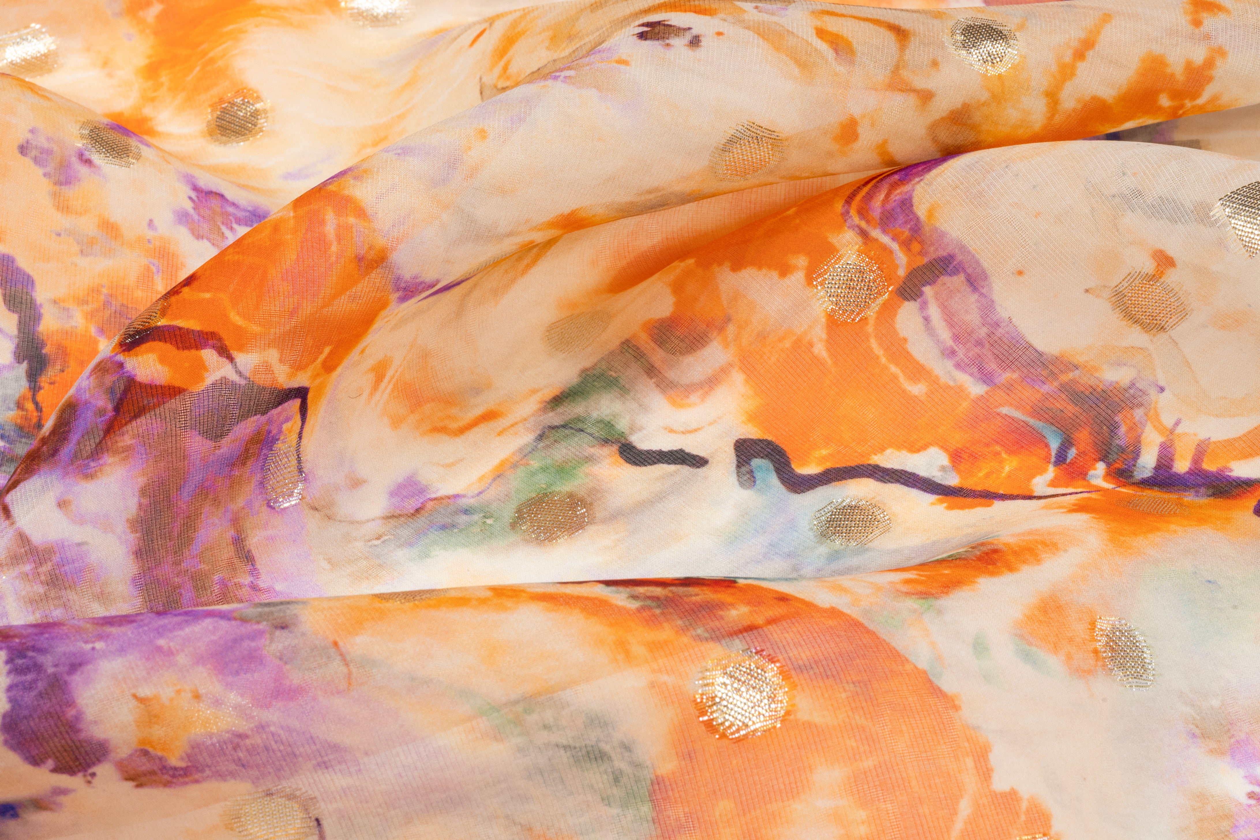Abstract Metallic Italian Silk Organza Fil Coupé - Orange / Violet / Aqua