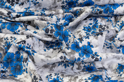Floral Tie Dye Cotton Print - Blue, White, Gray