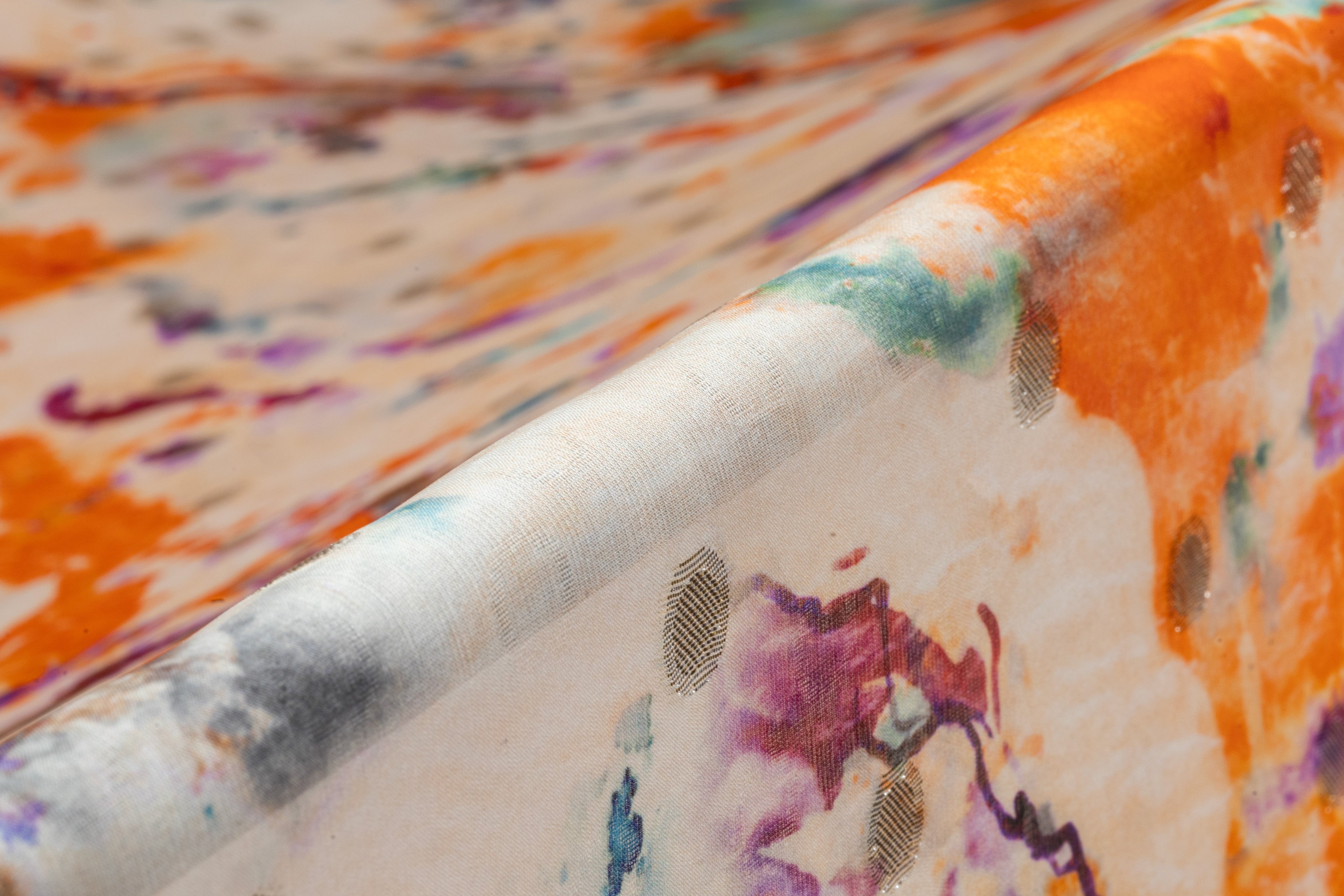 Abstract Metallic Italian Silk Organza Fil Coupé - Orange / Violet / Aqua