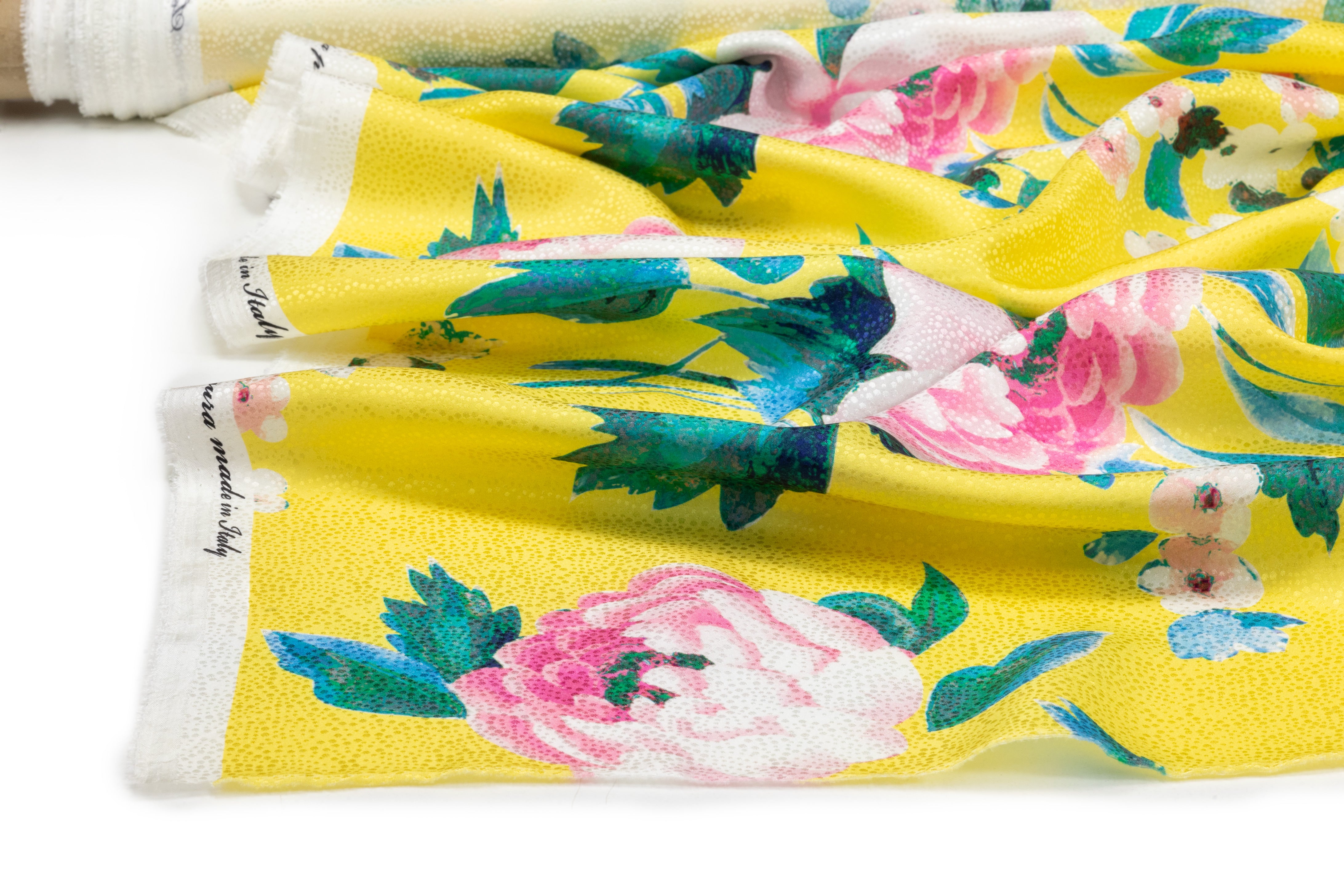 Floral Printed Italian Silk Jacquard - Yellow