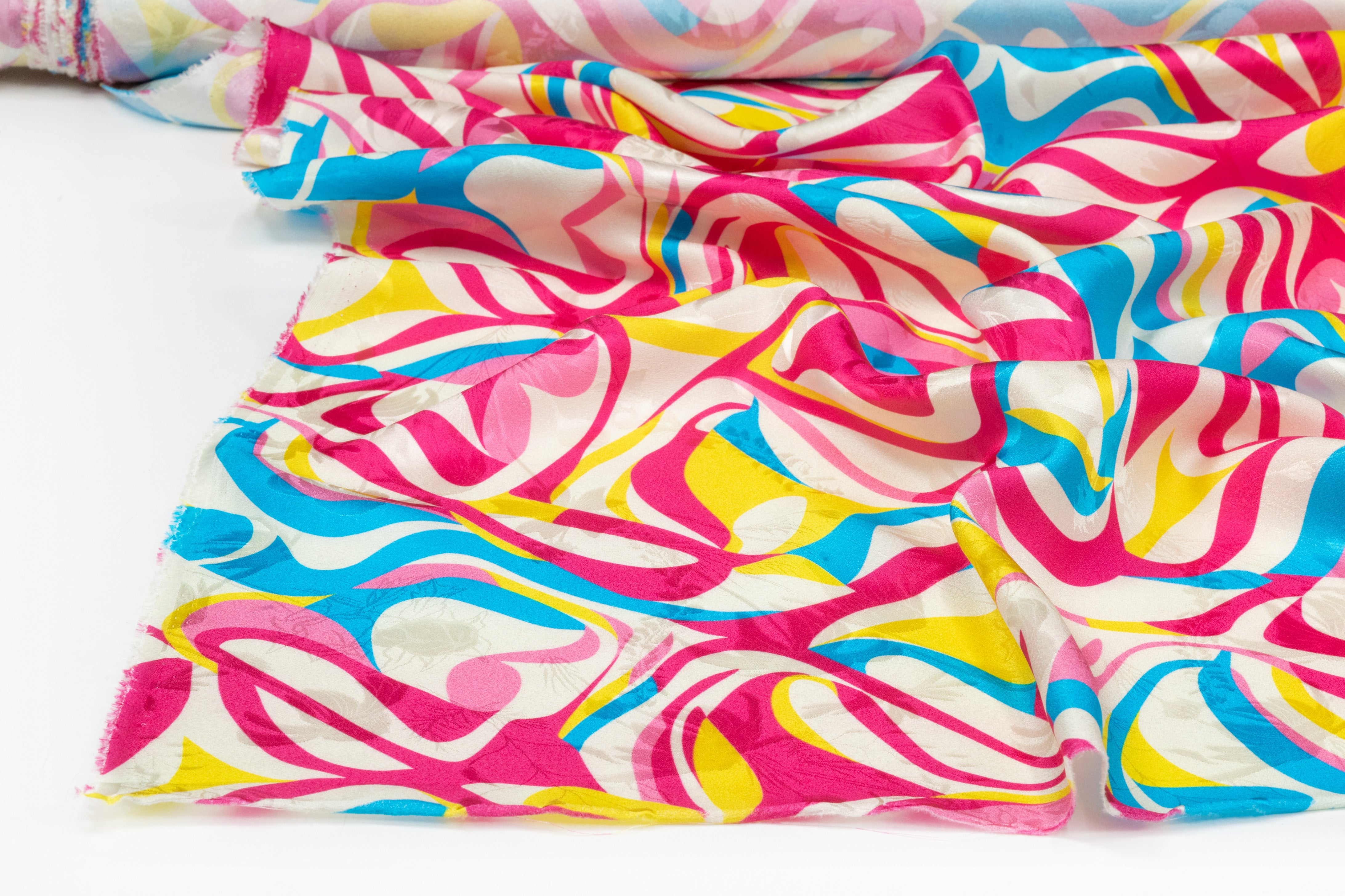 Abstract Italian Printed Silk Jacquard - Blue / Pink / Yellow
