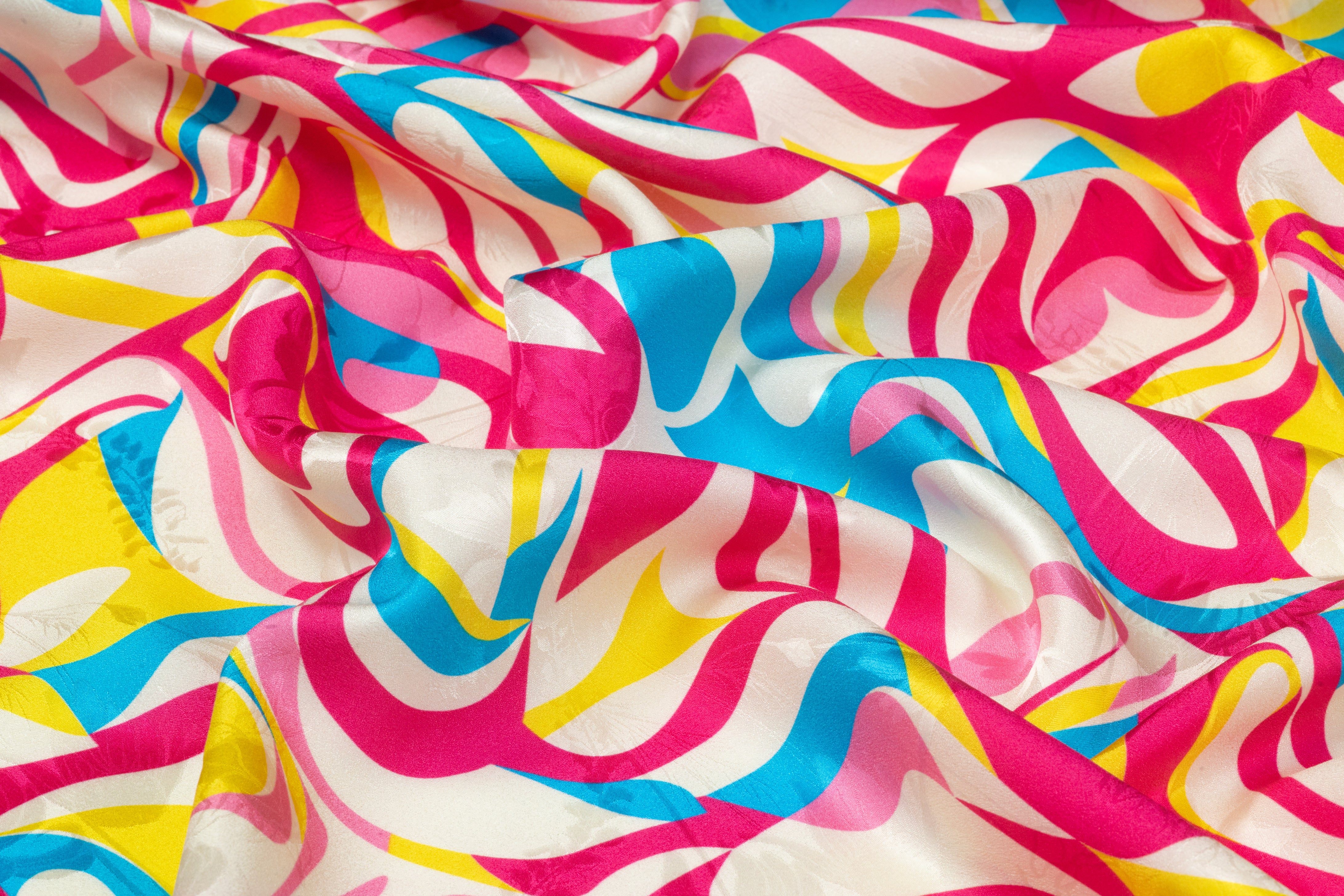 Abstract Italian Printed Silk Jacquard - Blue / Pink / Yellow