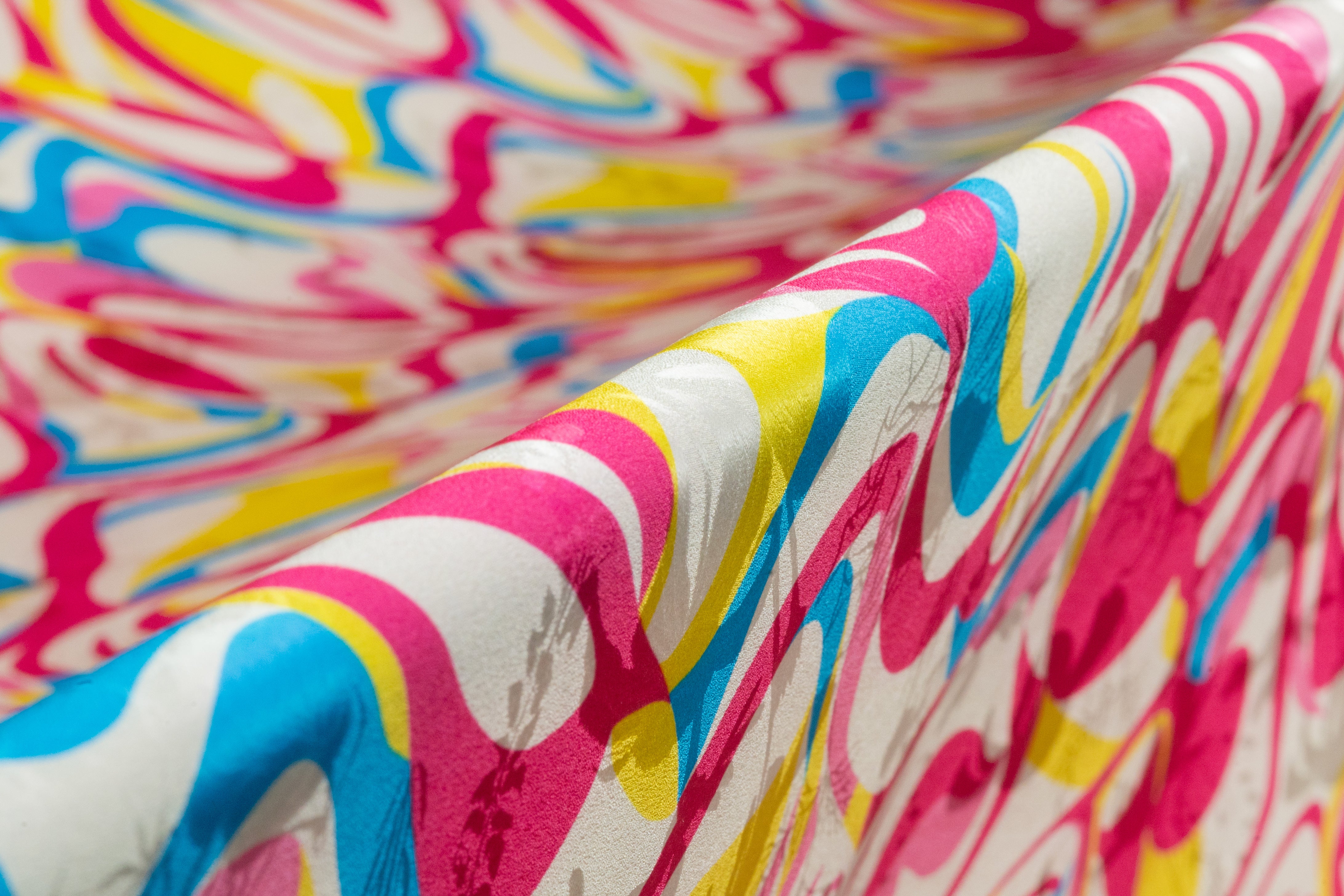 Abstract Italian Printed Silk Jacquard - Blue / Pink / Yellow