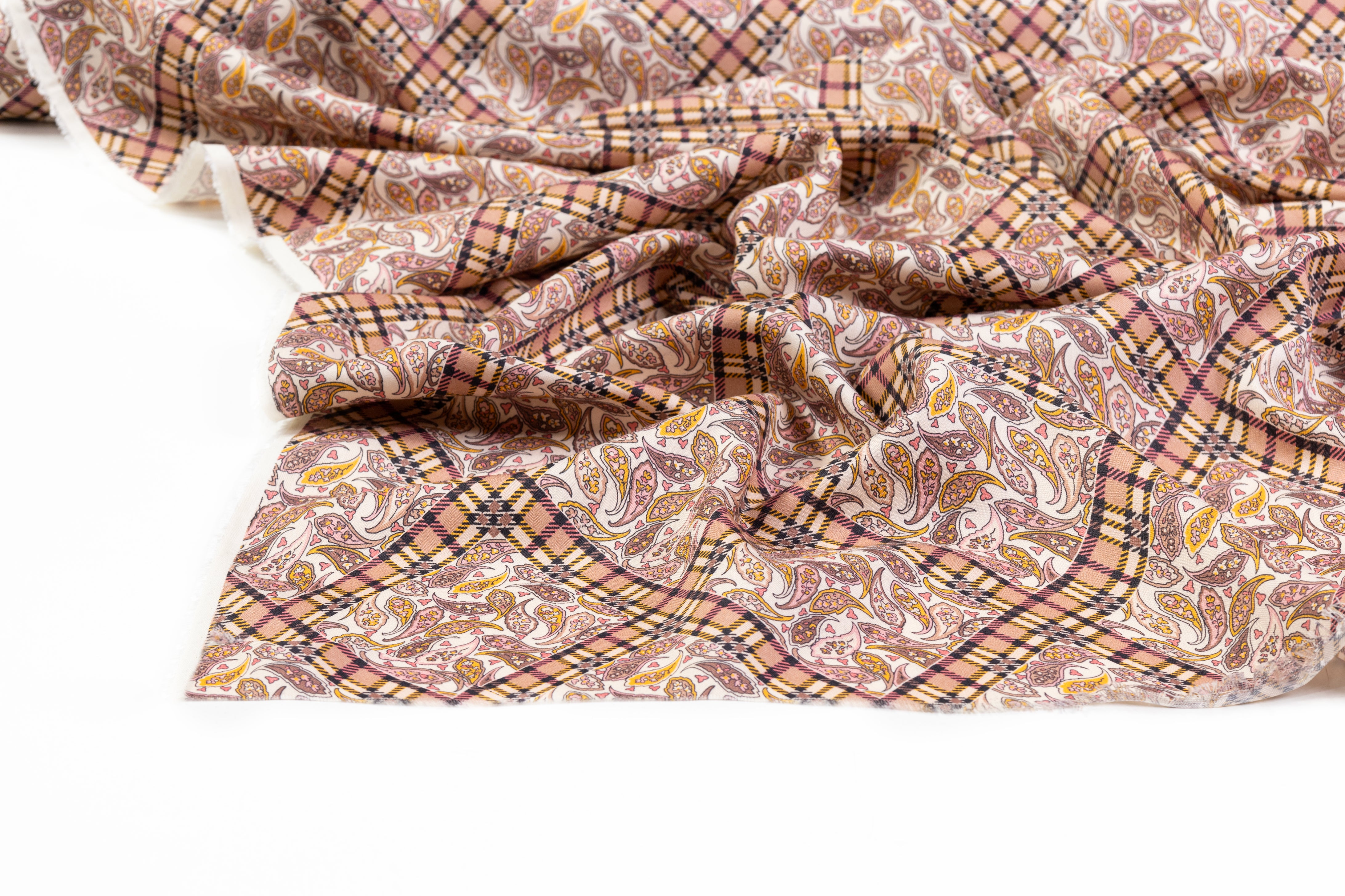 Luigi Verga - Paisley Plaid Printed Italian Silk and Wool Blend - Mauve / Amber / Ivory