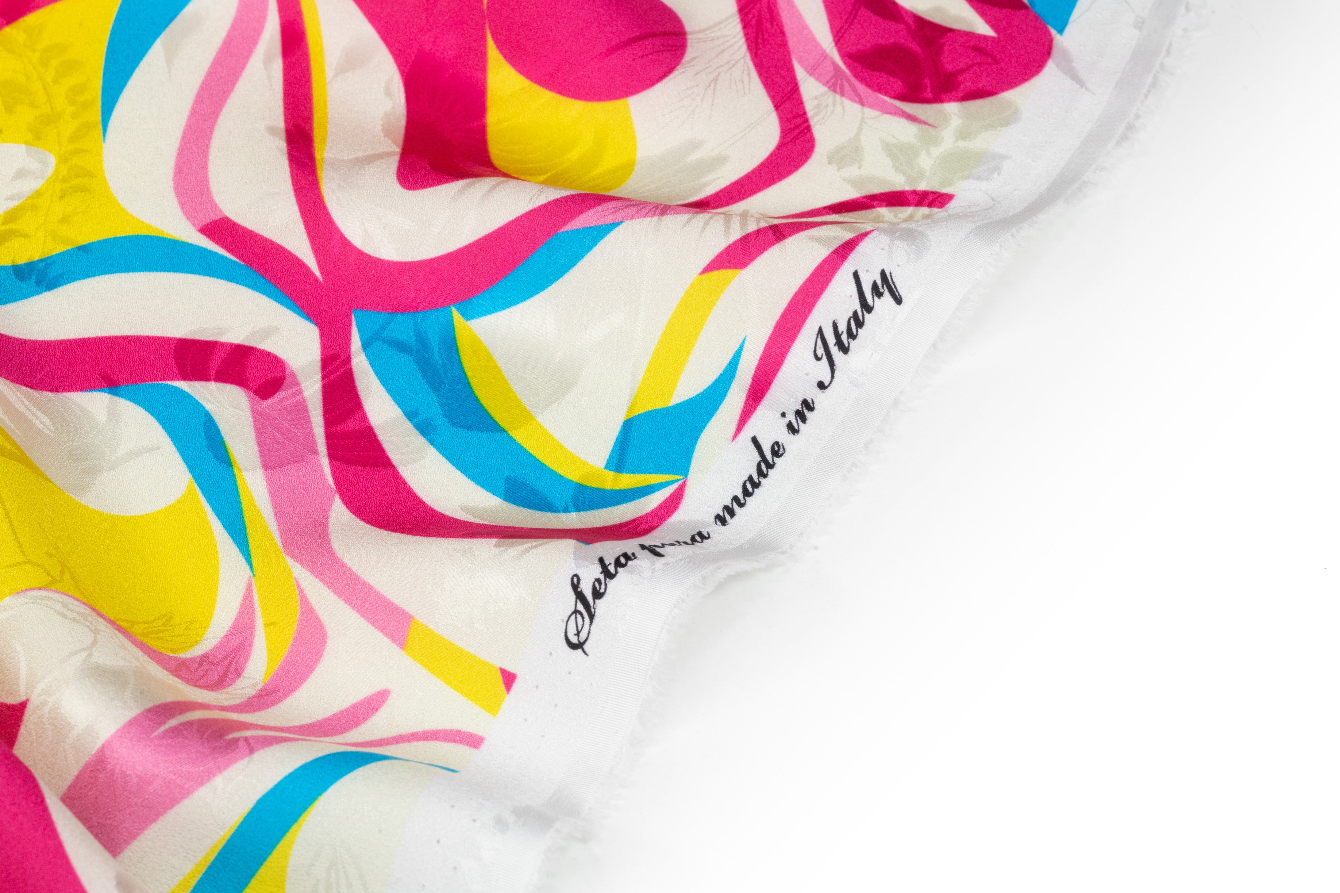 Abstract Italian Printed Silk Jacquard - Blue / Pink / Yellow