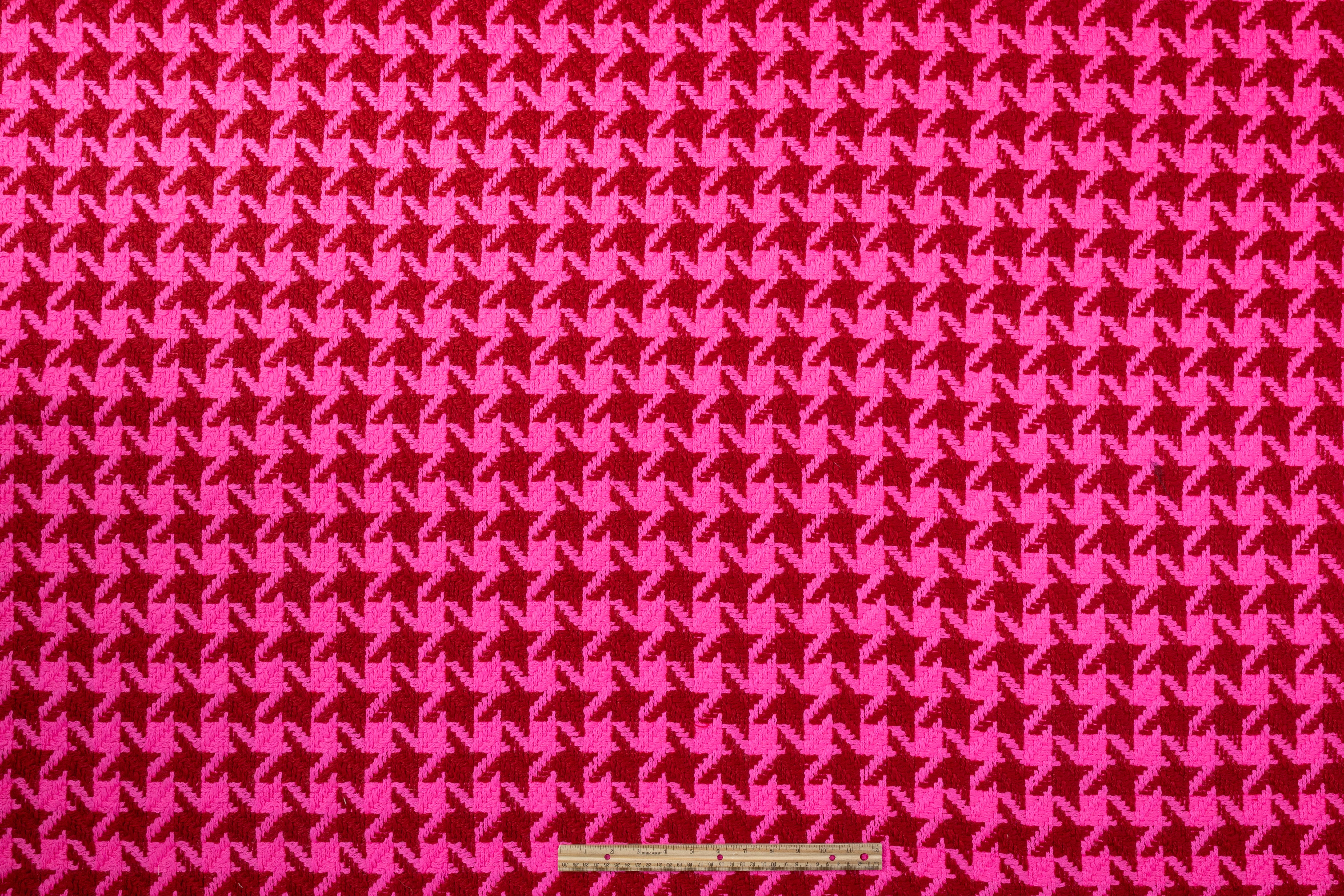 Houndstooth Wool Mohair Tweed Coating - Pink / Maroon
