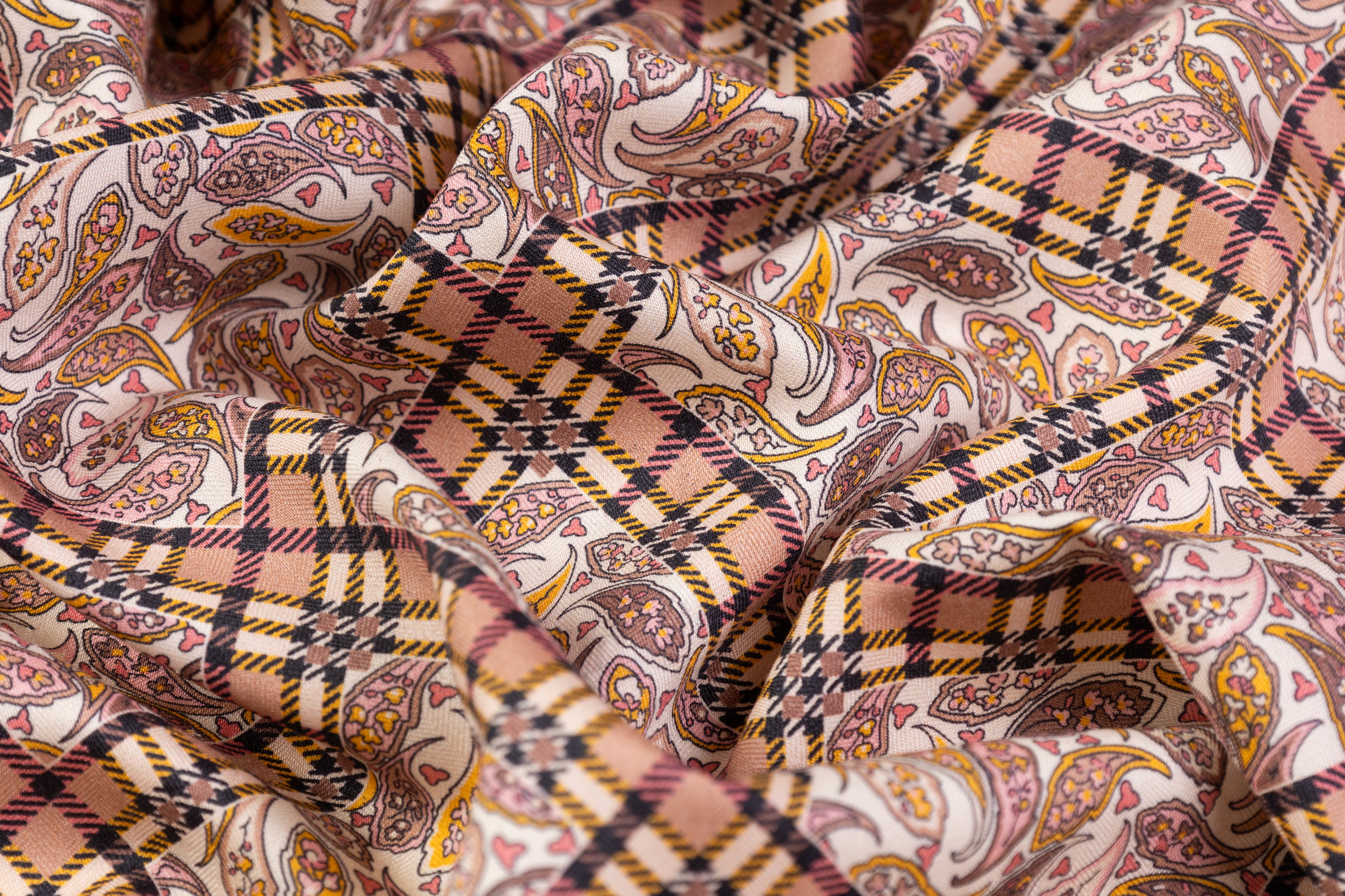 Luigi Verga - Paisley Plaid Printed Italian Silk and Wool Blend - Mauve / Amber / Ivory