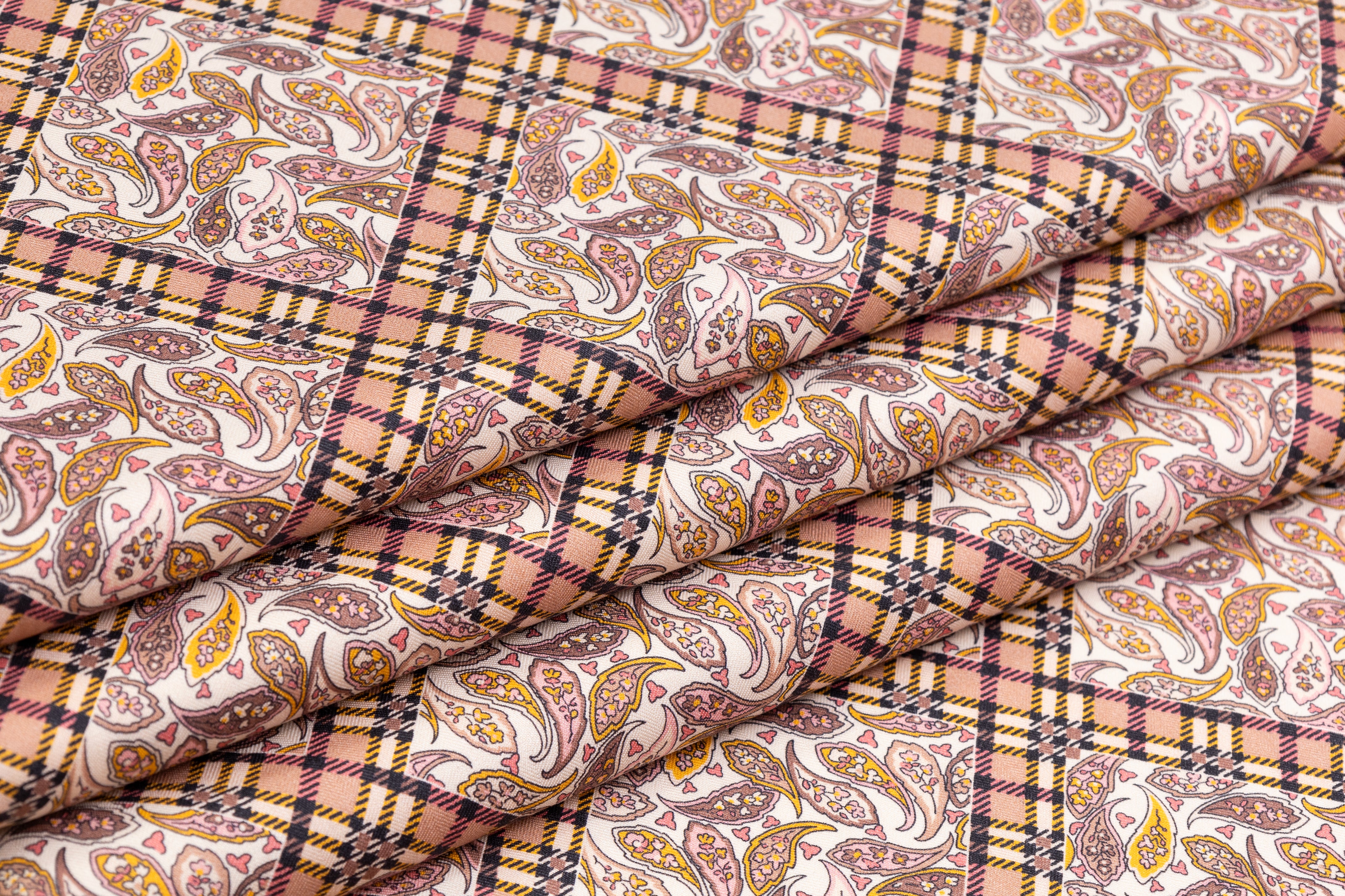 Luigi Verga - Paisley Plaid Printed Italian Silk and Wool Blend - Mauve / Amber / Ivory