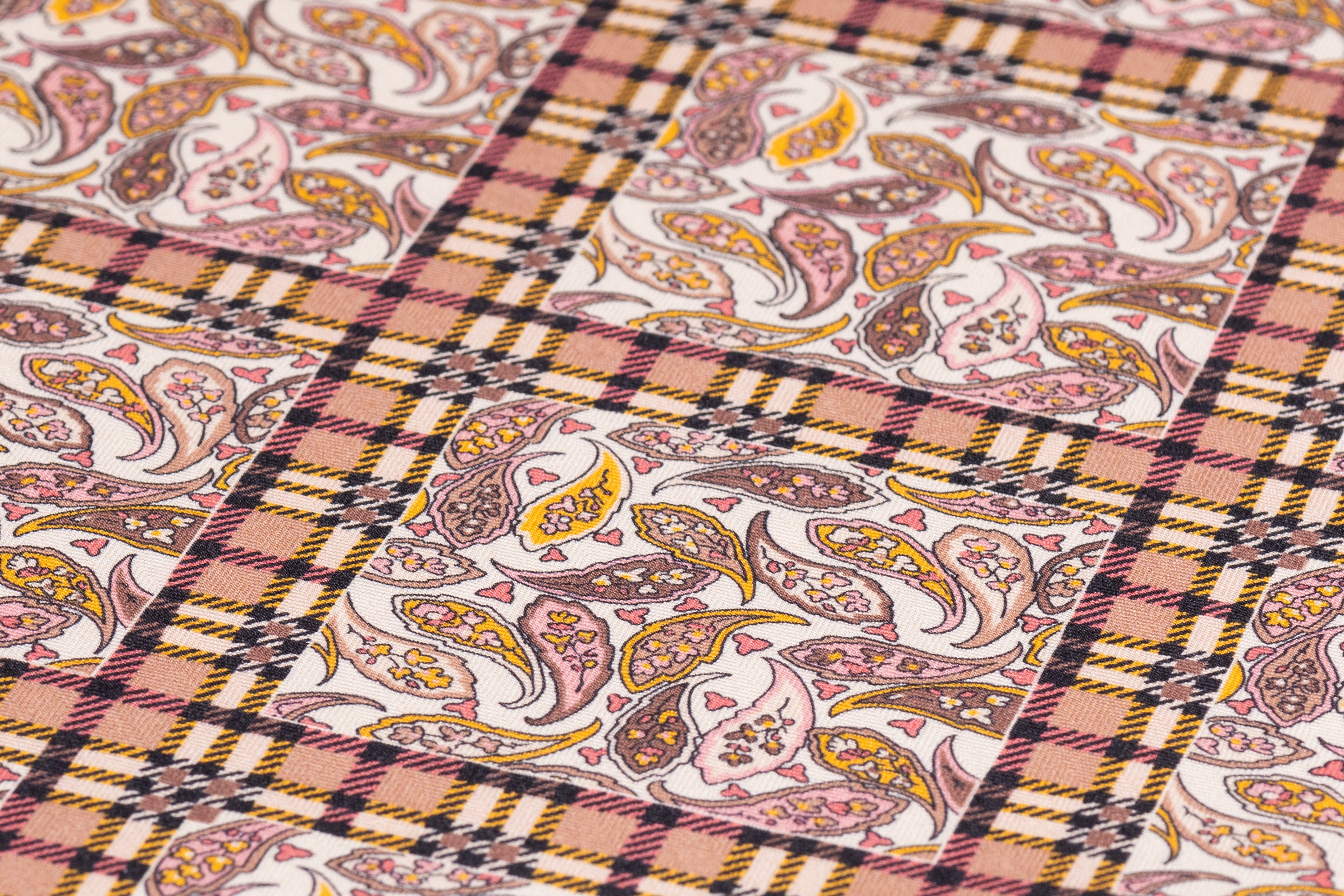 Luigi Verga - Paisley Plaid Printed Italian Silk and Wool Blend - Mauve / Amber / Ivory