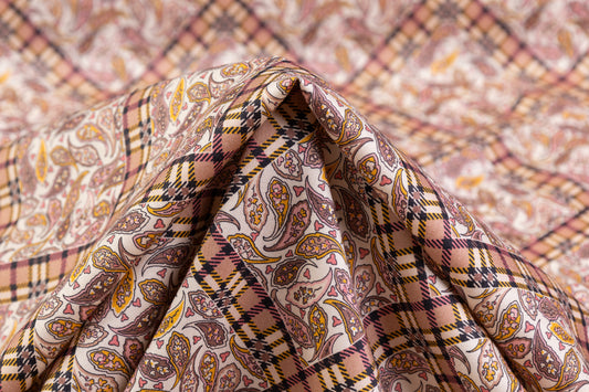 Luigi Verga - Paisley Plaid Printed Italian Silk and Wool Blend - Mauve / Amber / Ivory