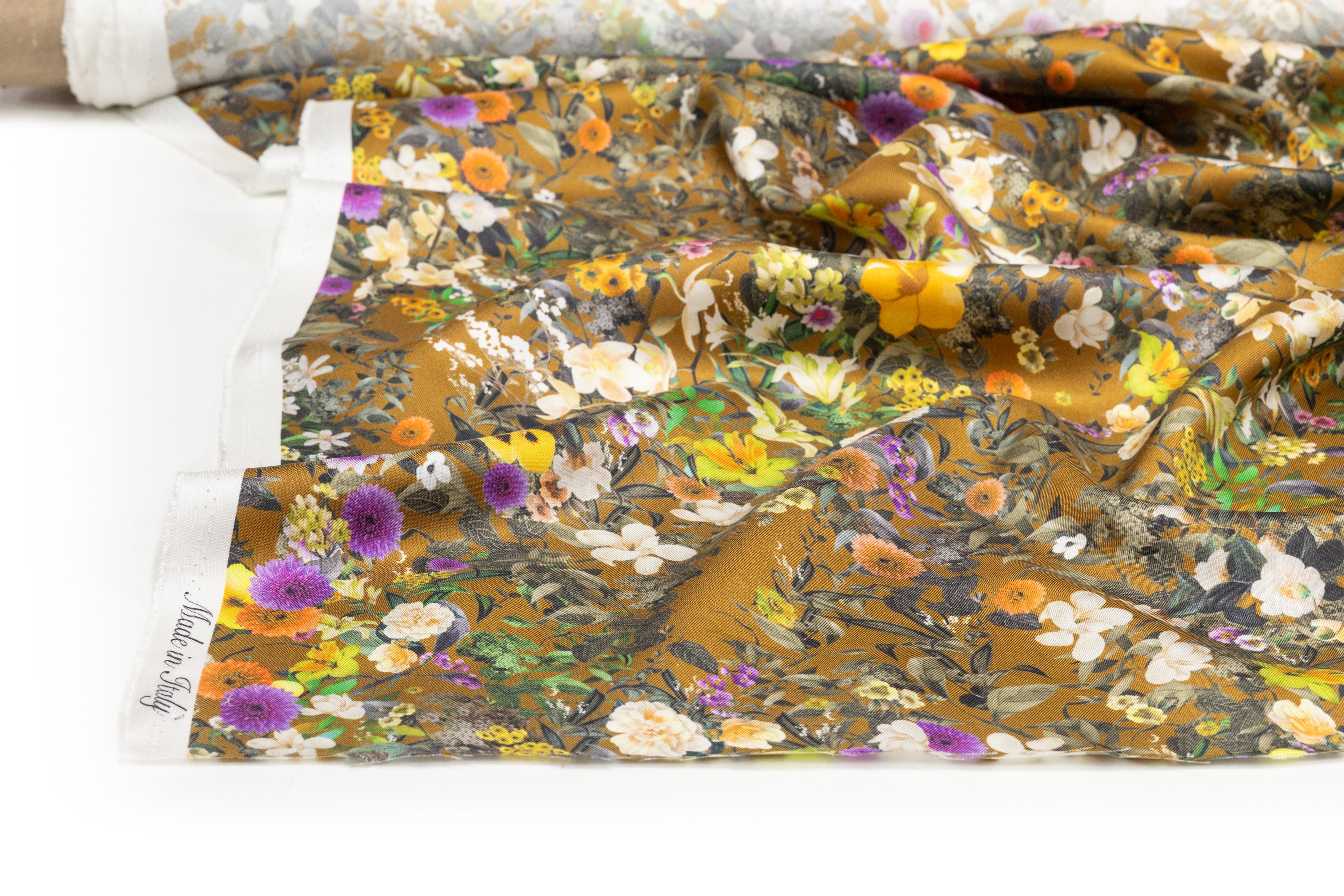 Floral Italian Silk Twill - Brown
