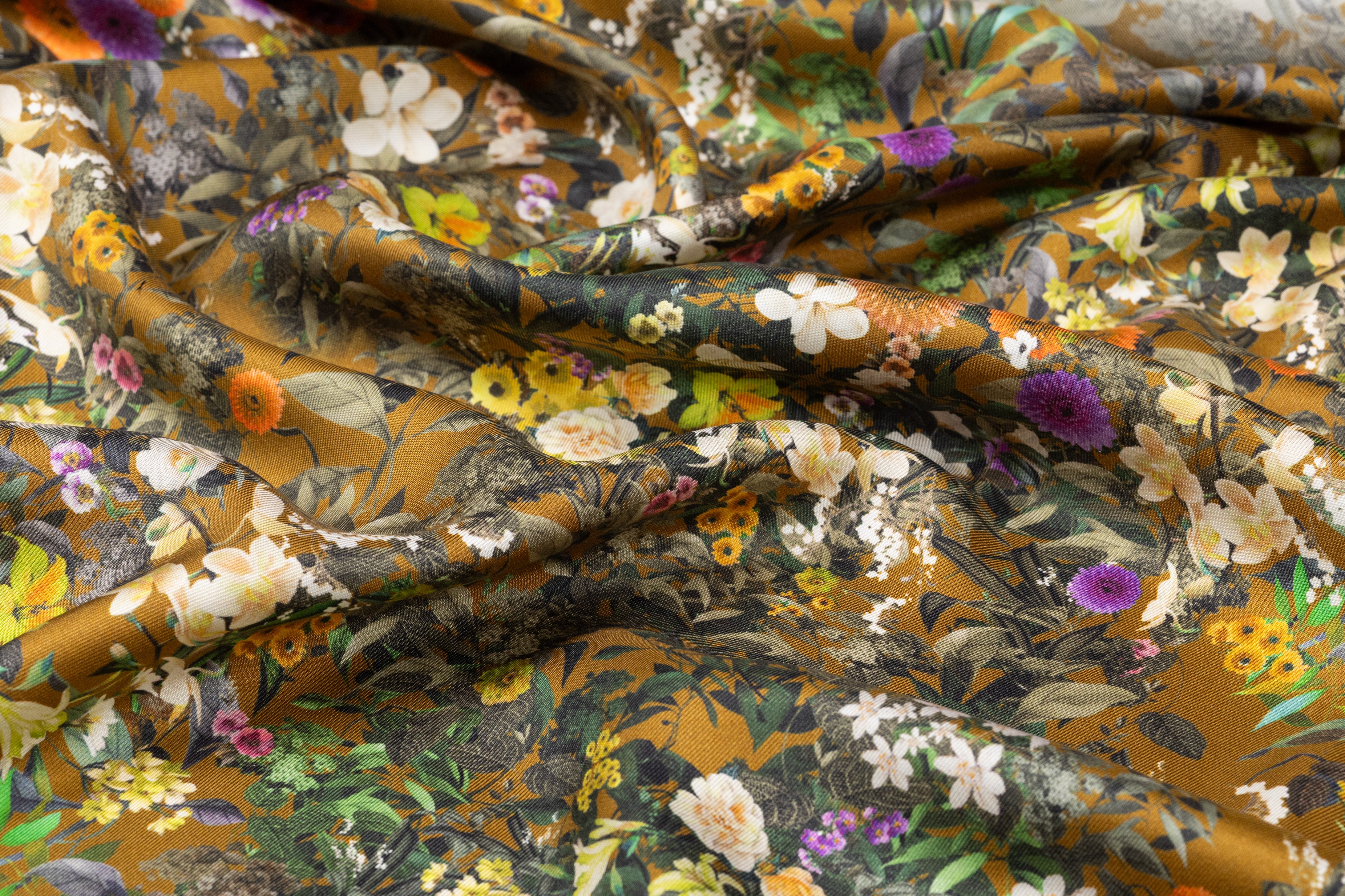 Floral Italian Silk Twill - Brown