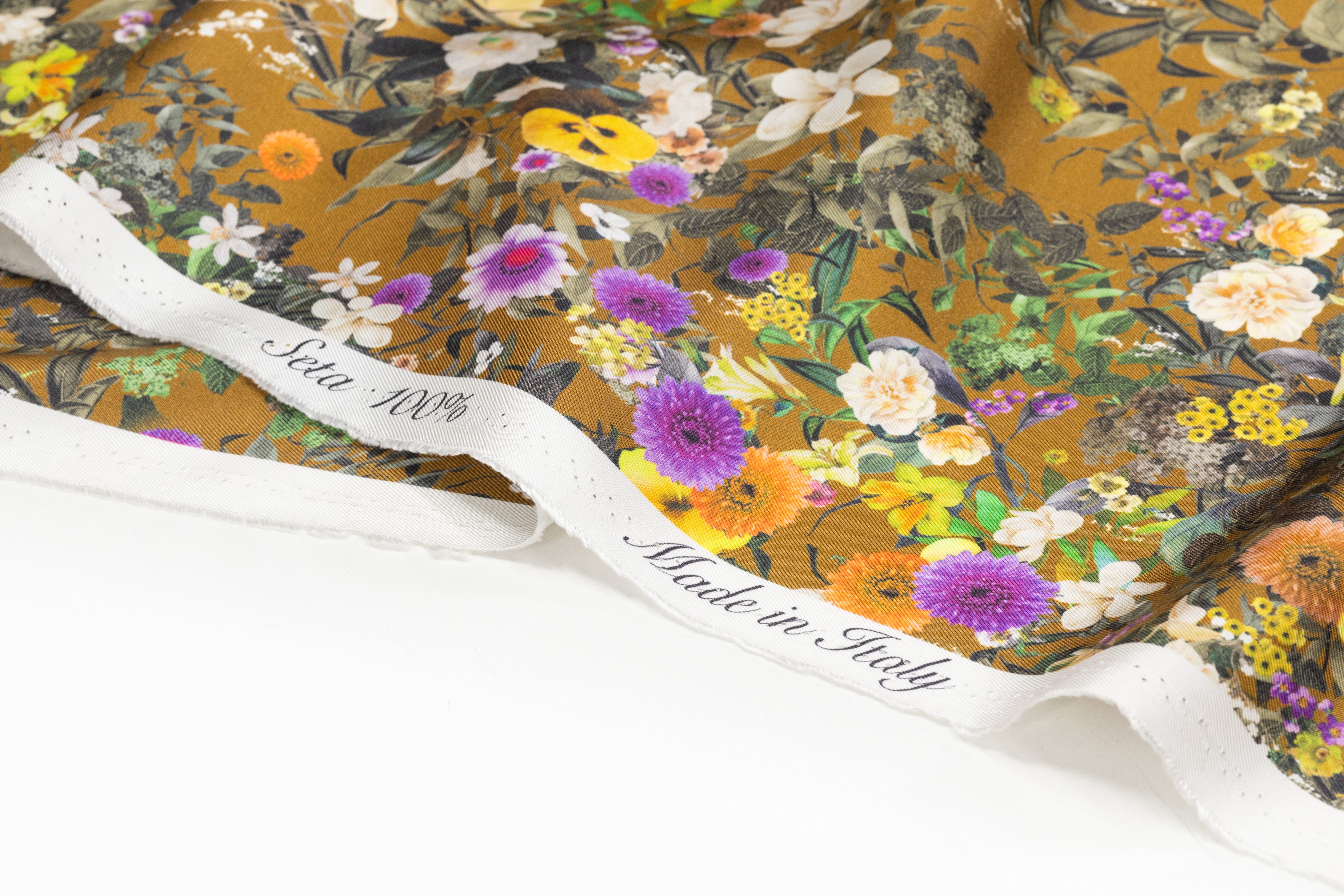 Floral Italian Silk Twill - Brown