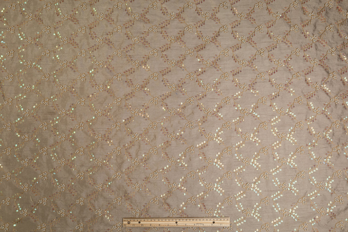 Embroidered and Beaded Poly Shantung - Khaki
