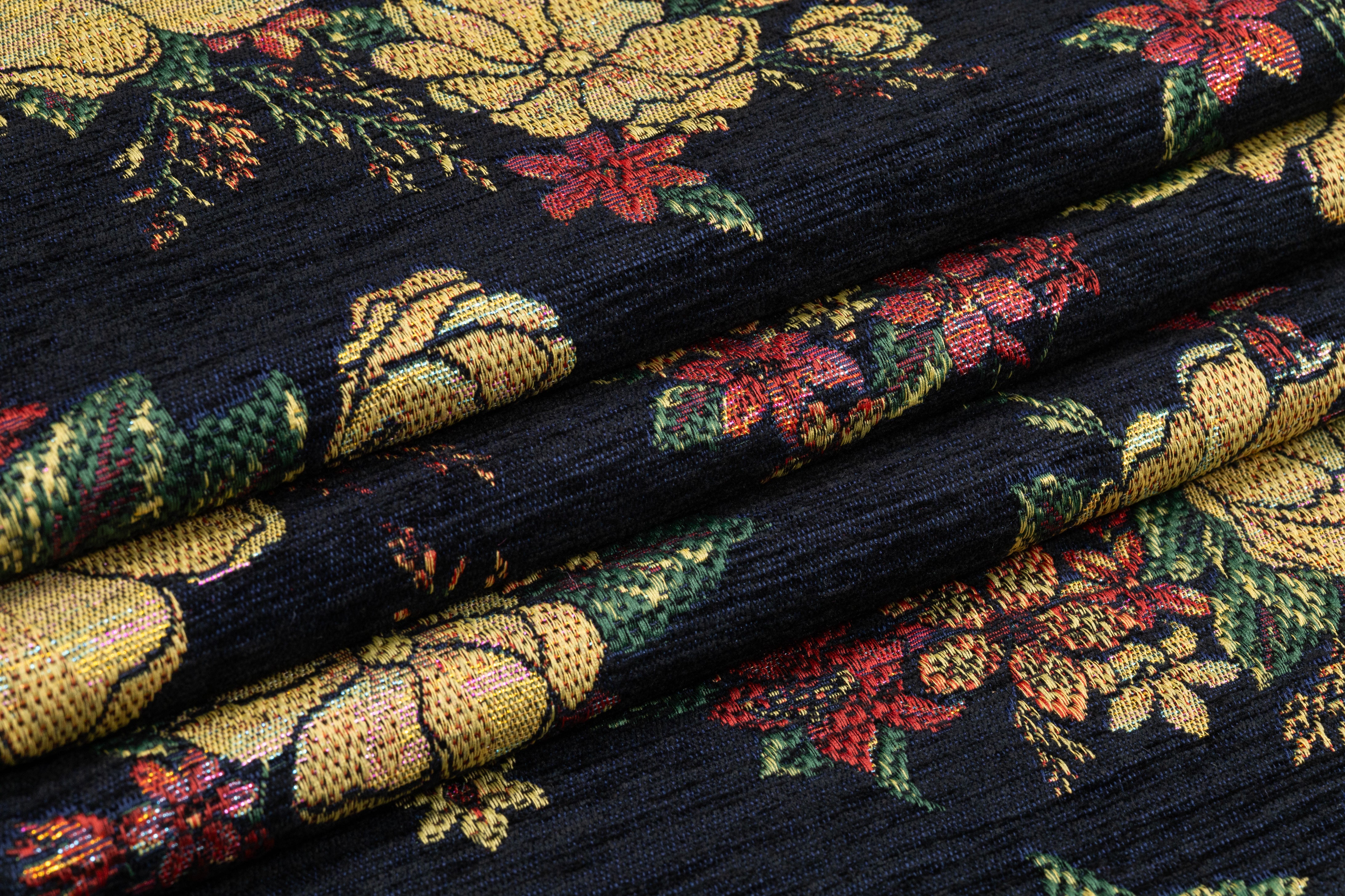 Floral Metallic Italian Chenille Brocade - Black / Navy