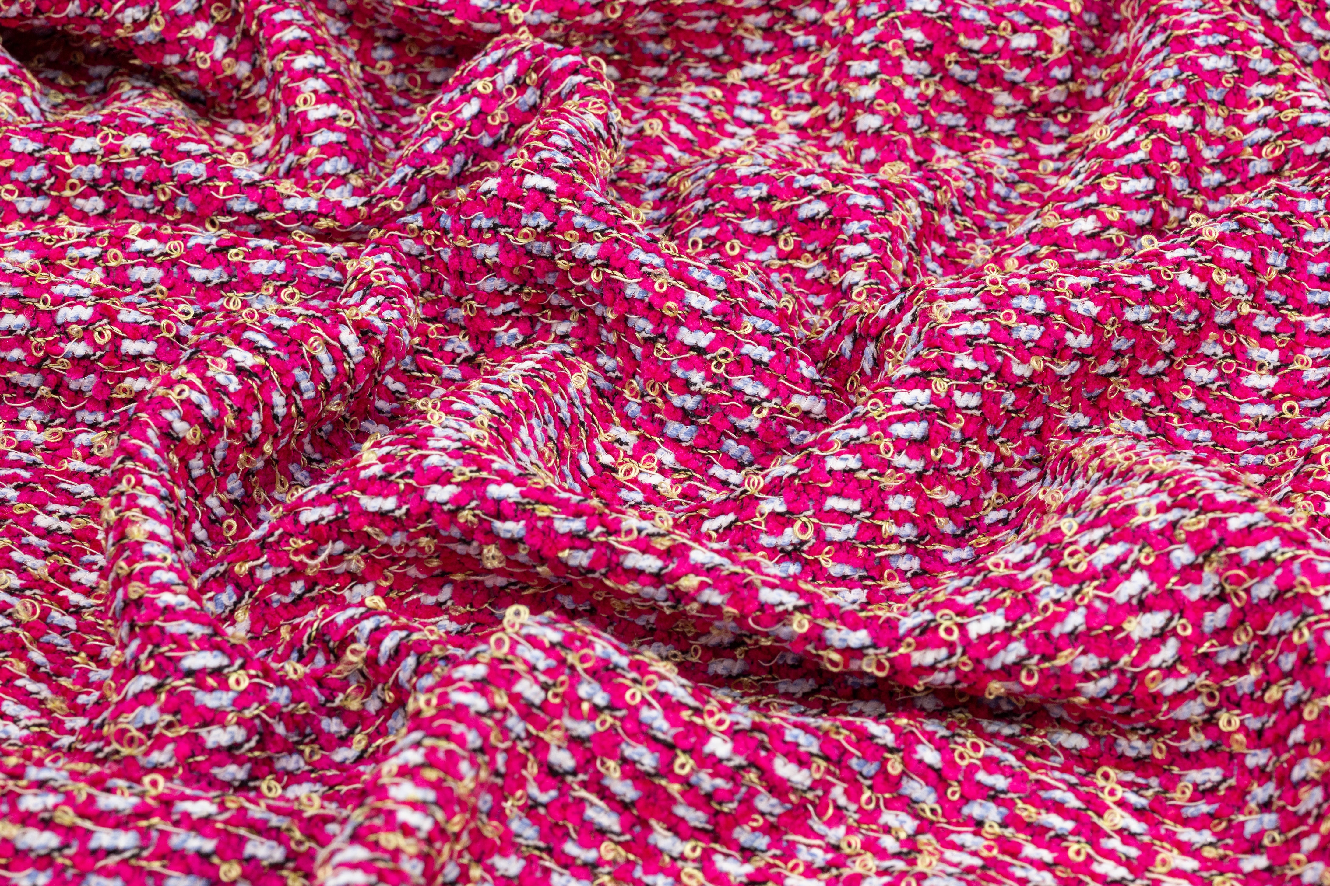 Italian Cotton Blend Tweed Boucle - Magenta / Blue / Gold