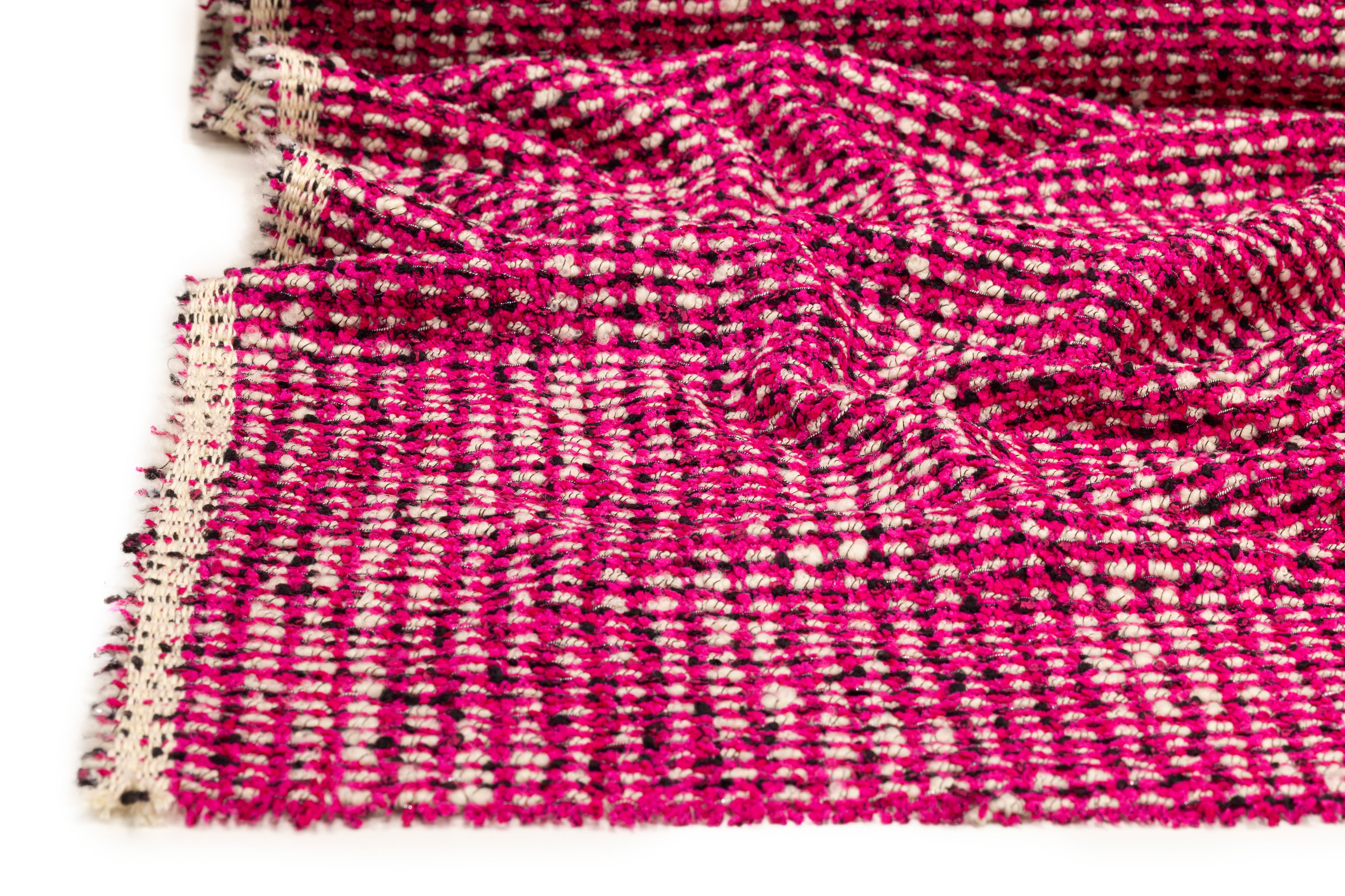 Italian Wool Blend Boucle Tweed - Magenta / Black / Off White