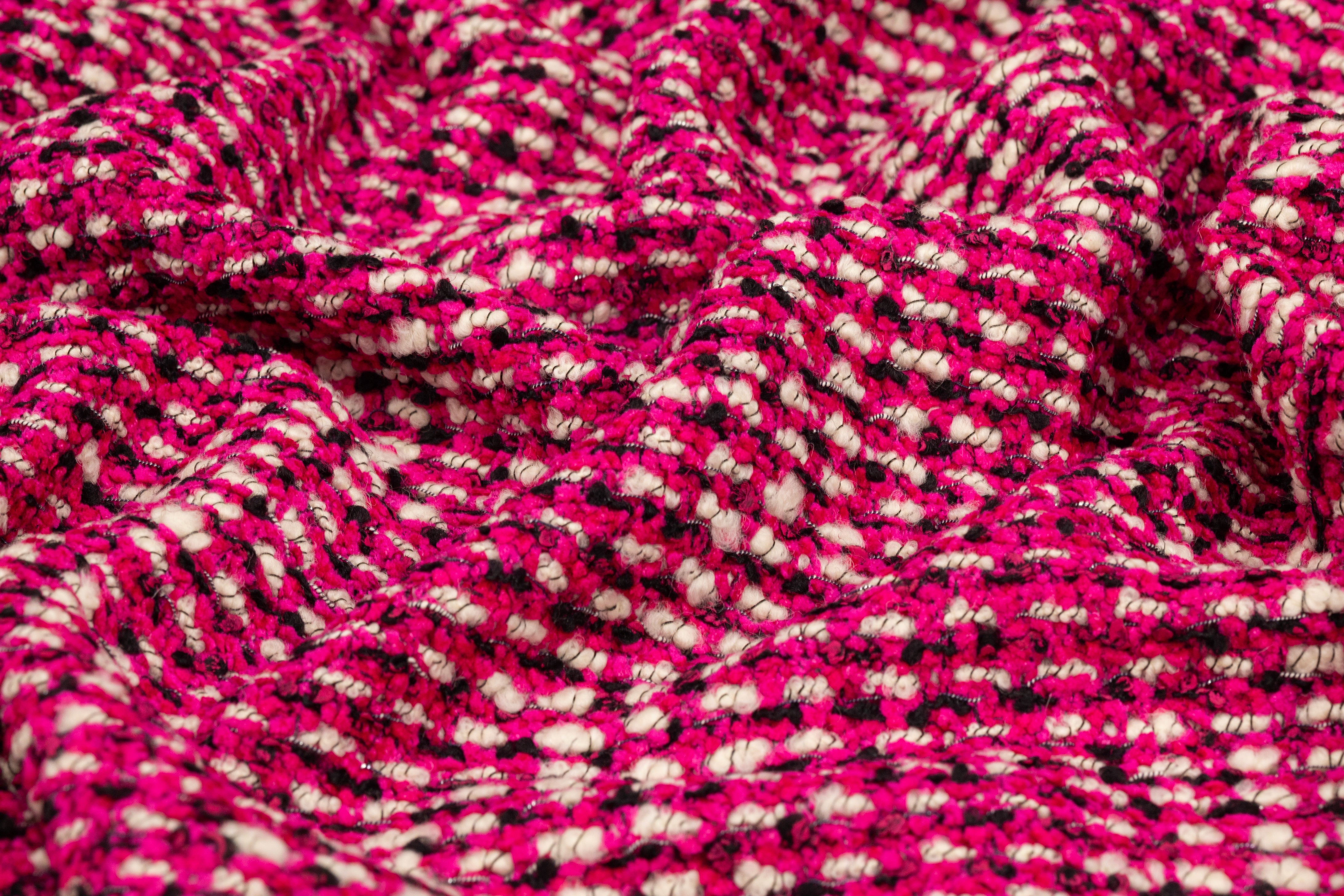 Italian Wool Blend Boucle Tweed - Magenta / Black / Off White