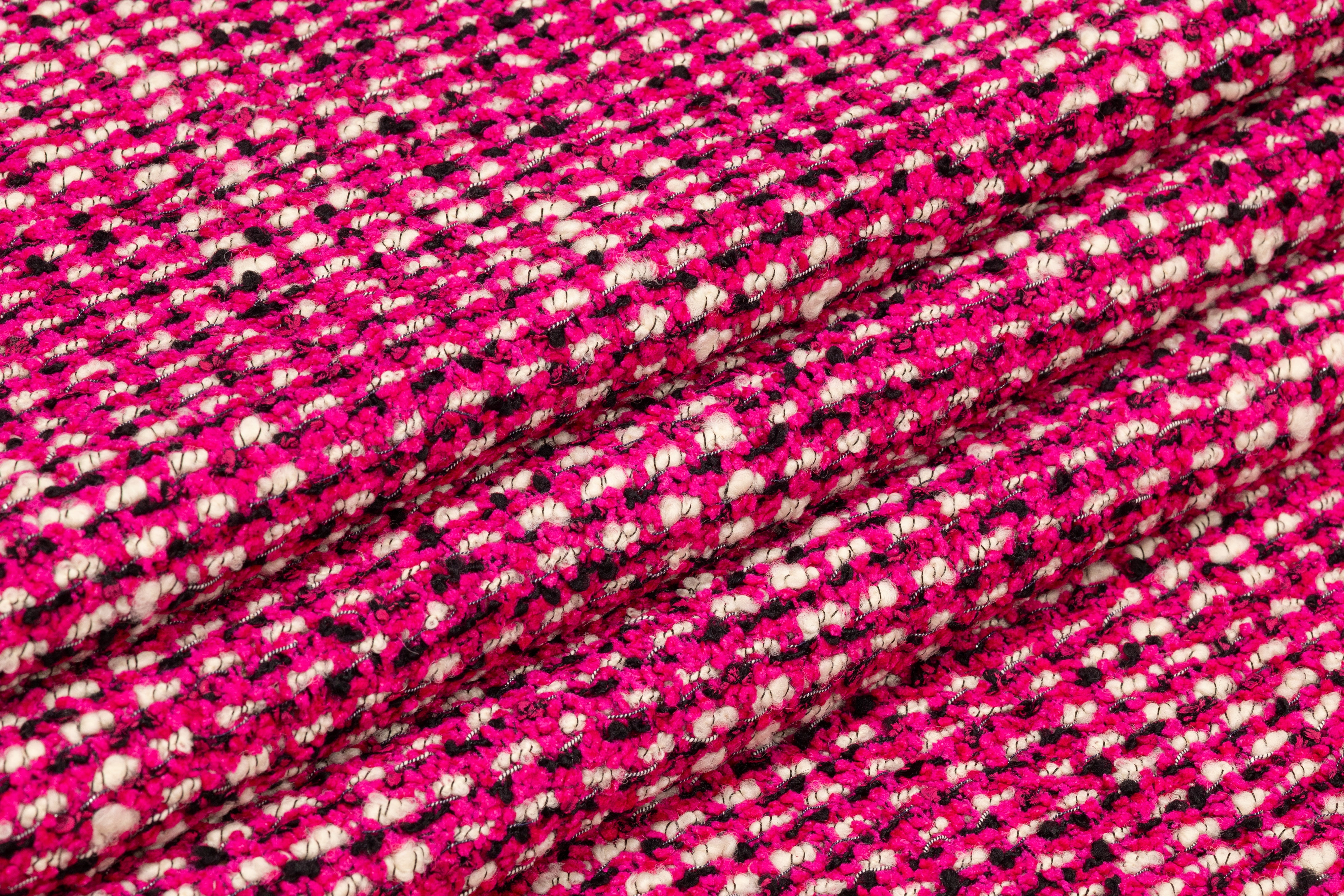 Italian Wool Blend Boucle Tweed - Magenta / Black / Off White