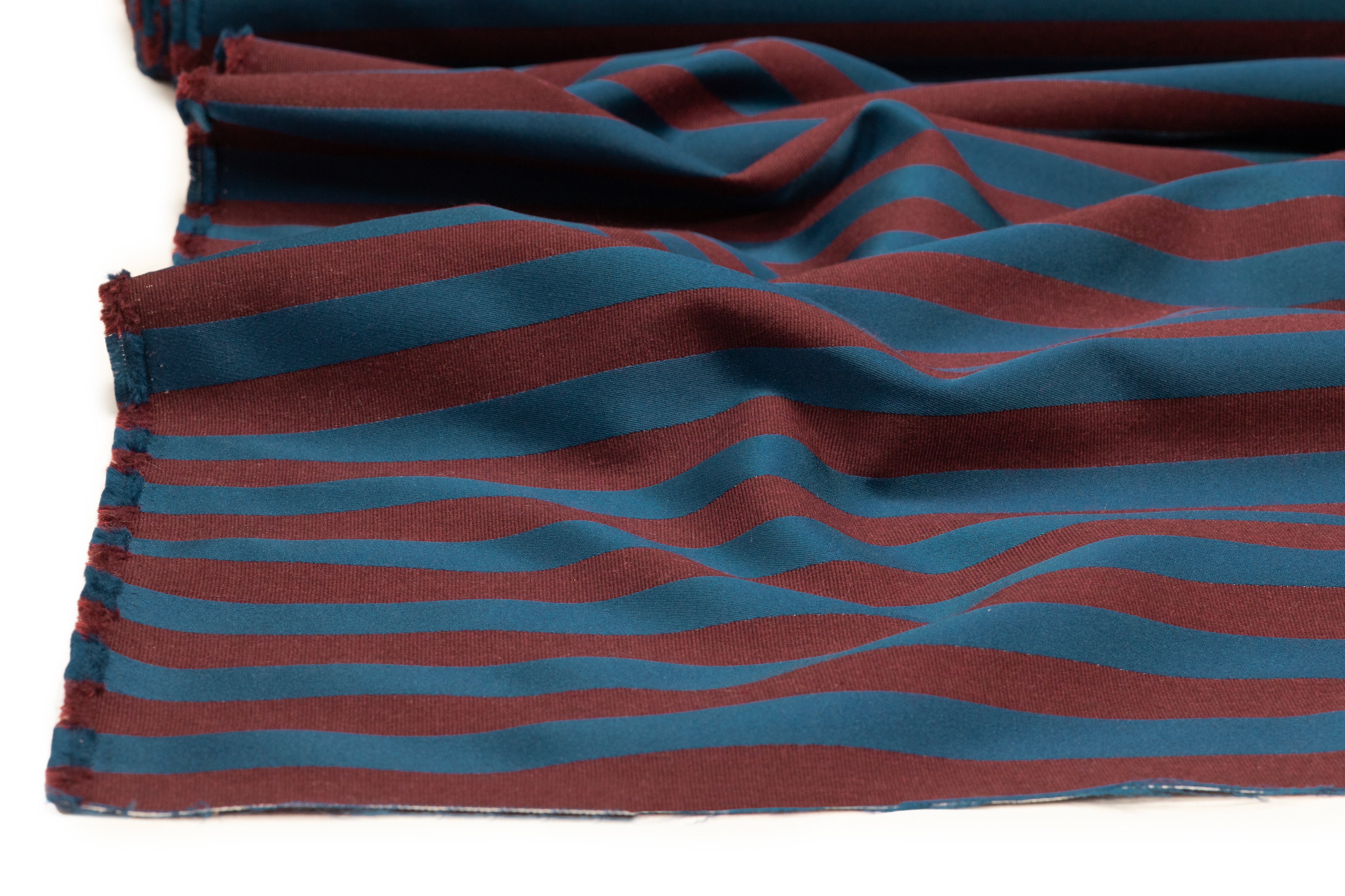 Striped Italian Wool Blend Satin Brocade - Blue / Burgundy