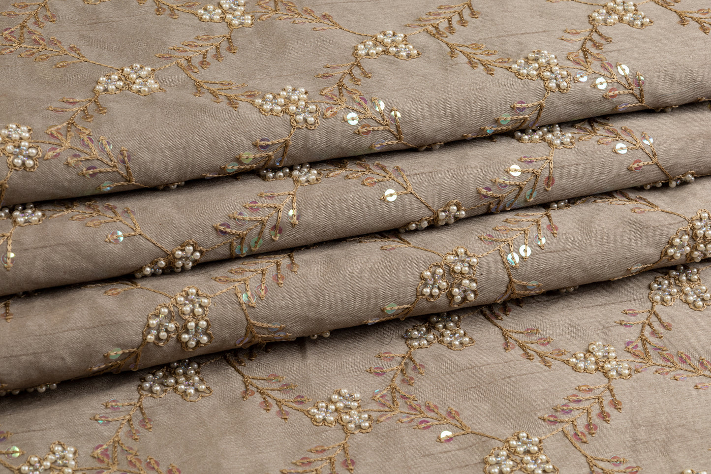 Embroidered and Beaded Poly Shantung - Khaki