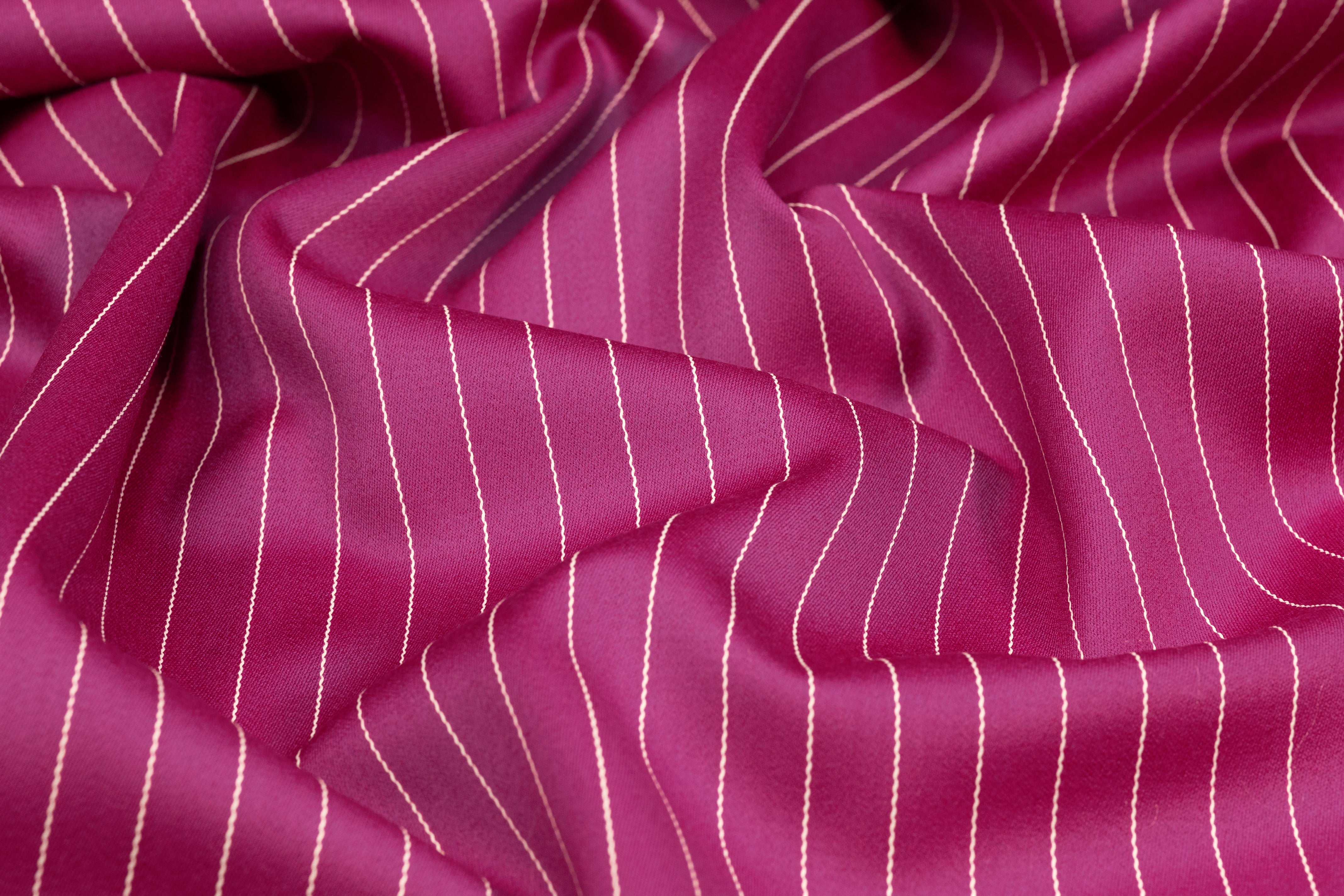 Pin Striped Italian Satin Faille Wool Suiting - Fuchsia / White