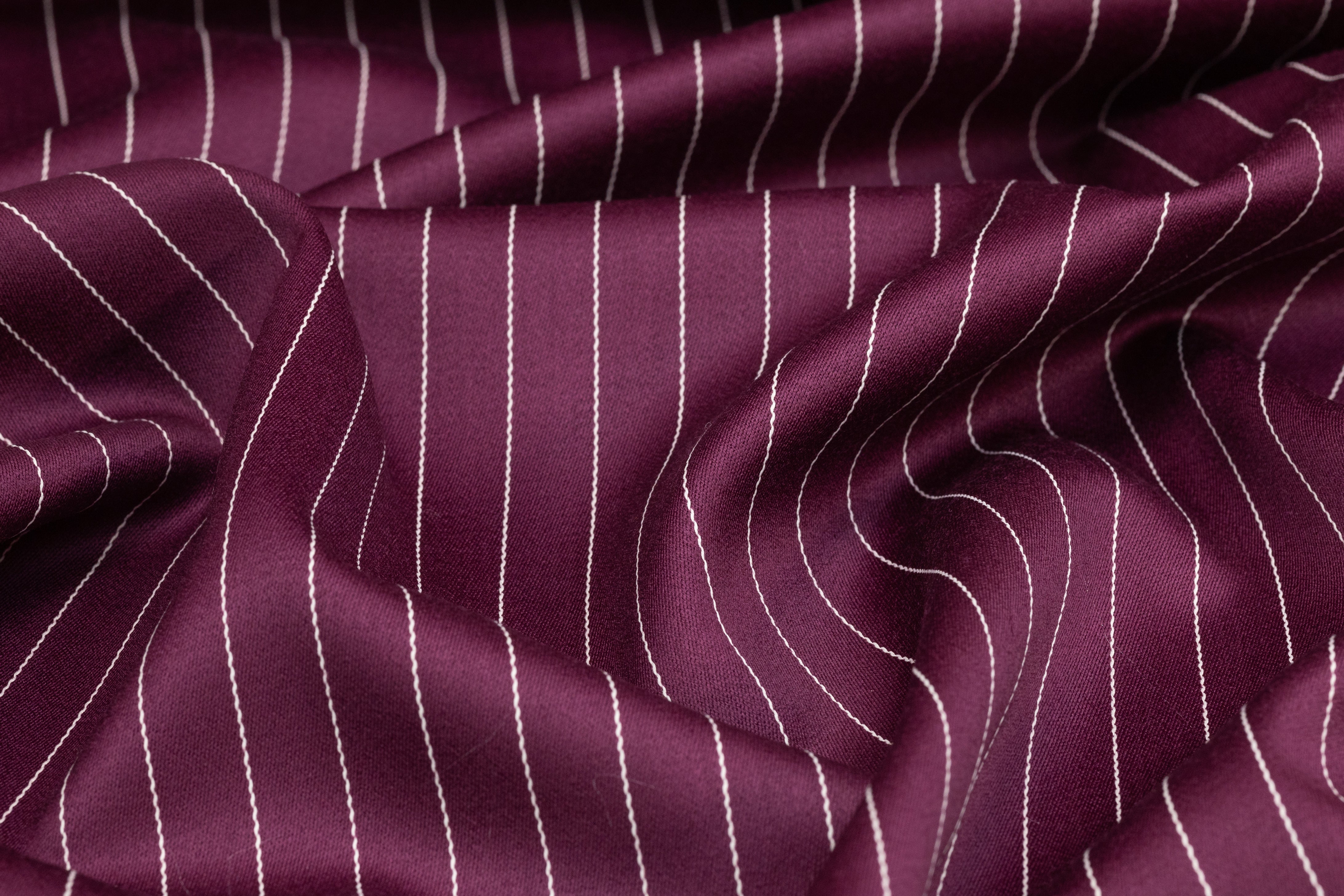 Pin Striped Italian Satin Faille Wool Suiting - Burgundy / White