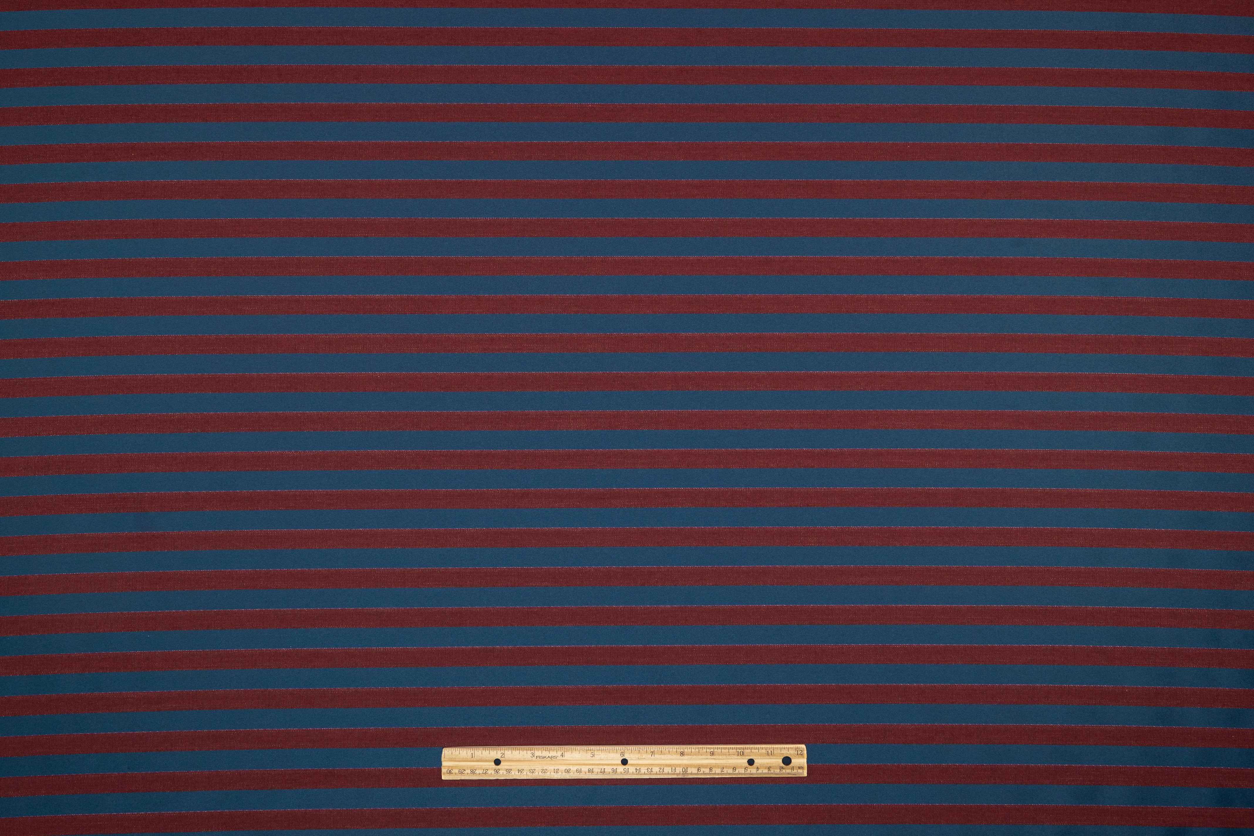 Striped Italian Wool Blend Satin Brocade - Blue / Burgundy
