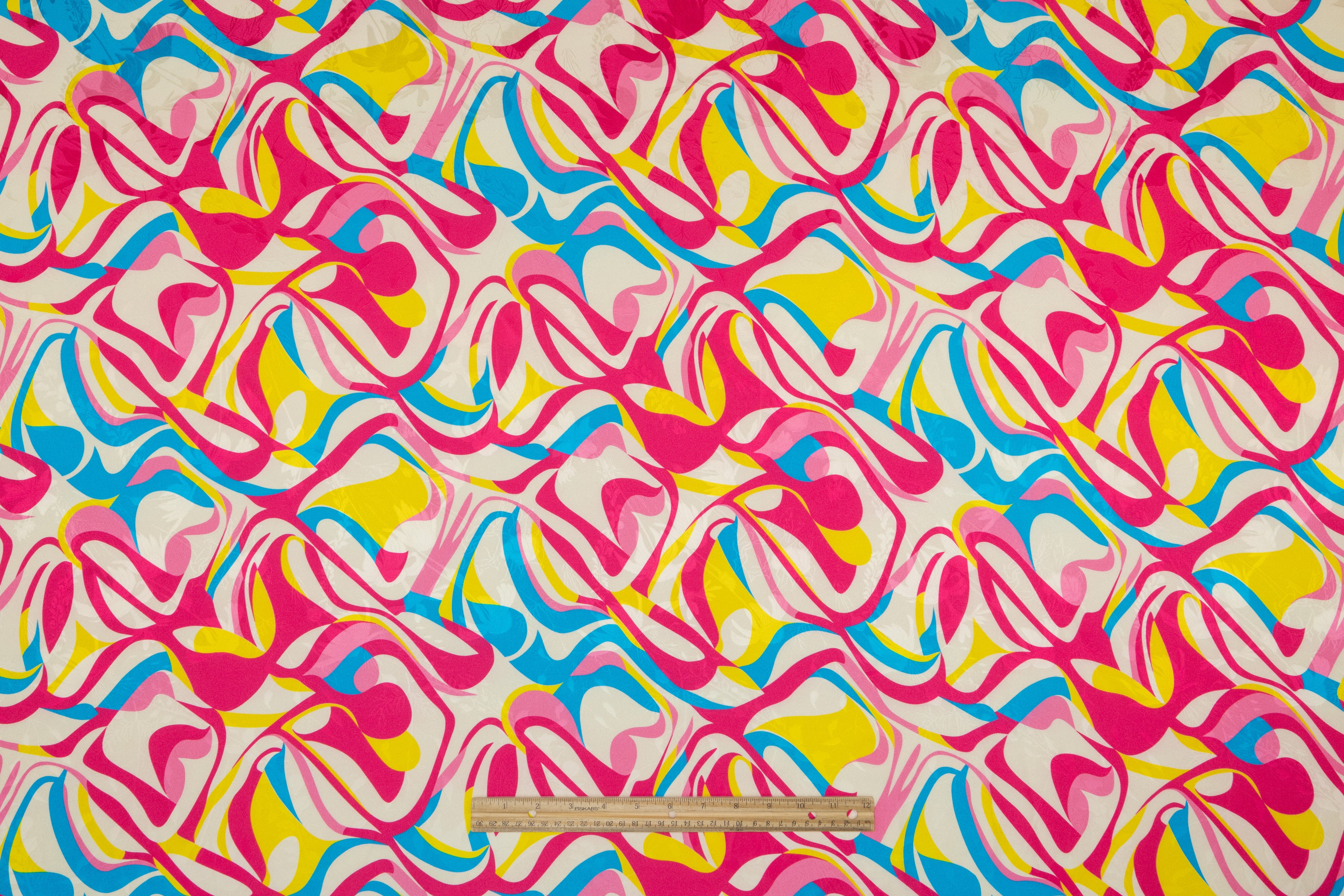 Abstract Italian Printed Silk Jacquard - Blue / Pink / Yellow